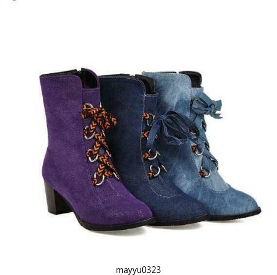 Womens Round Toe Lace Up Denim Ankle Boots Zip Block Mid Heels Oversize Vintage