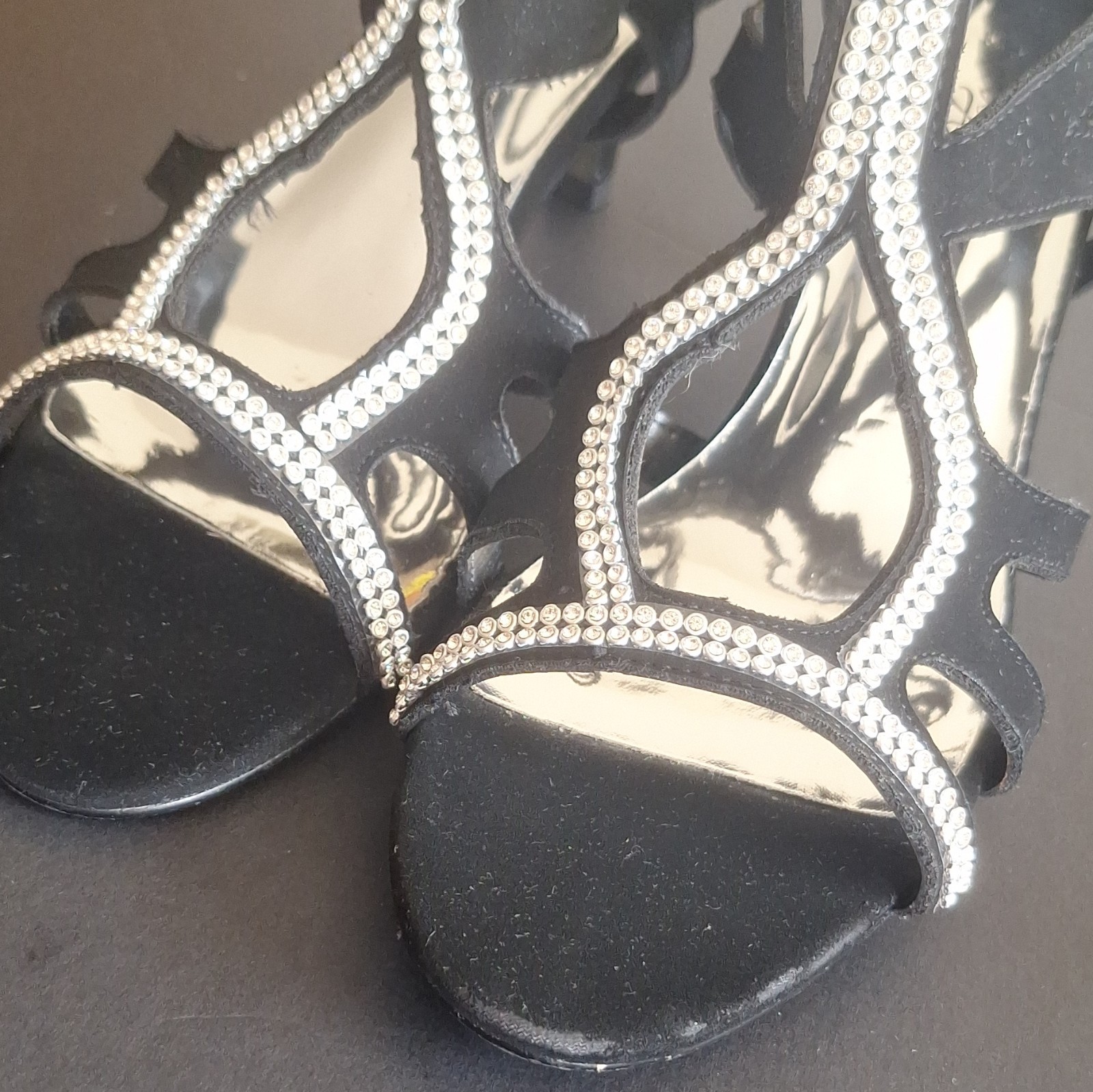 Women’s Black Rhinestone Strappy Ankle Strap Open Toe Zip Stiletto Heels 10W