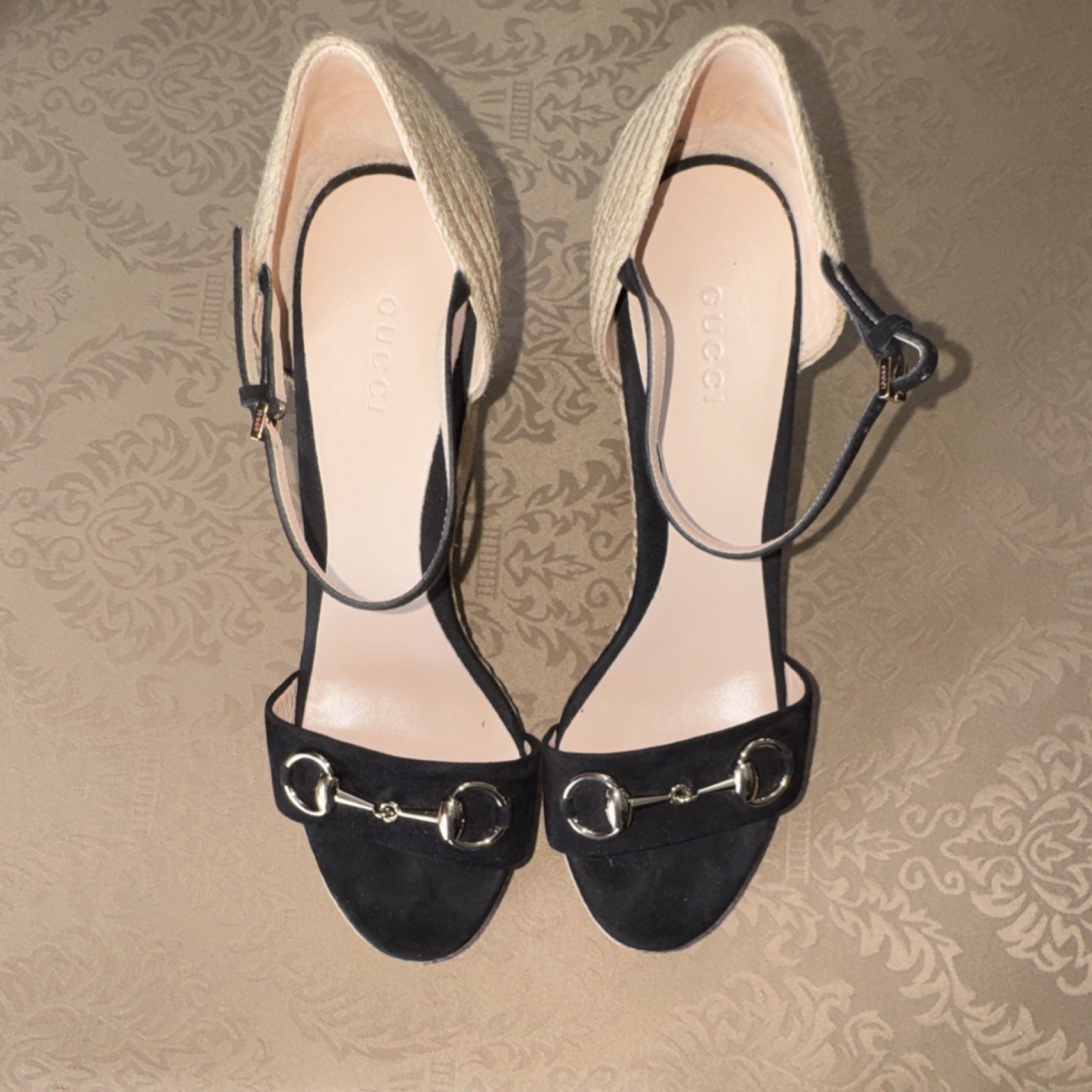 Gucci Black Suede Wedge Espadrille Sandals Buckle Logo Metal Hardware Women’s 38
