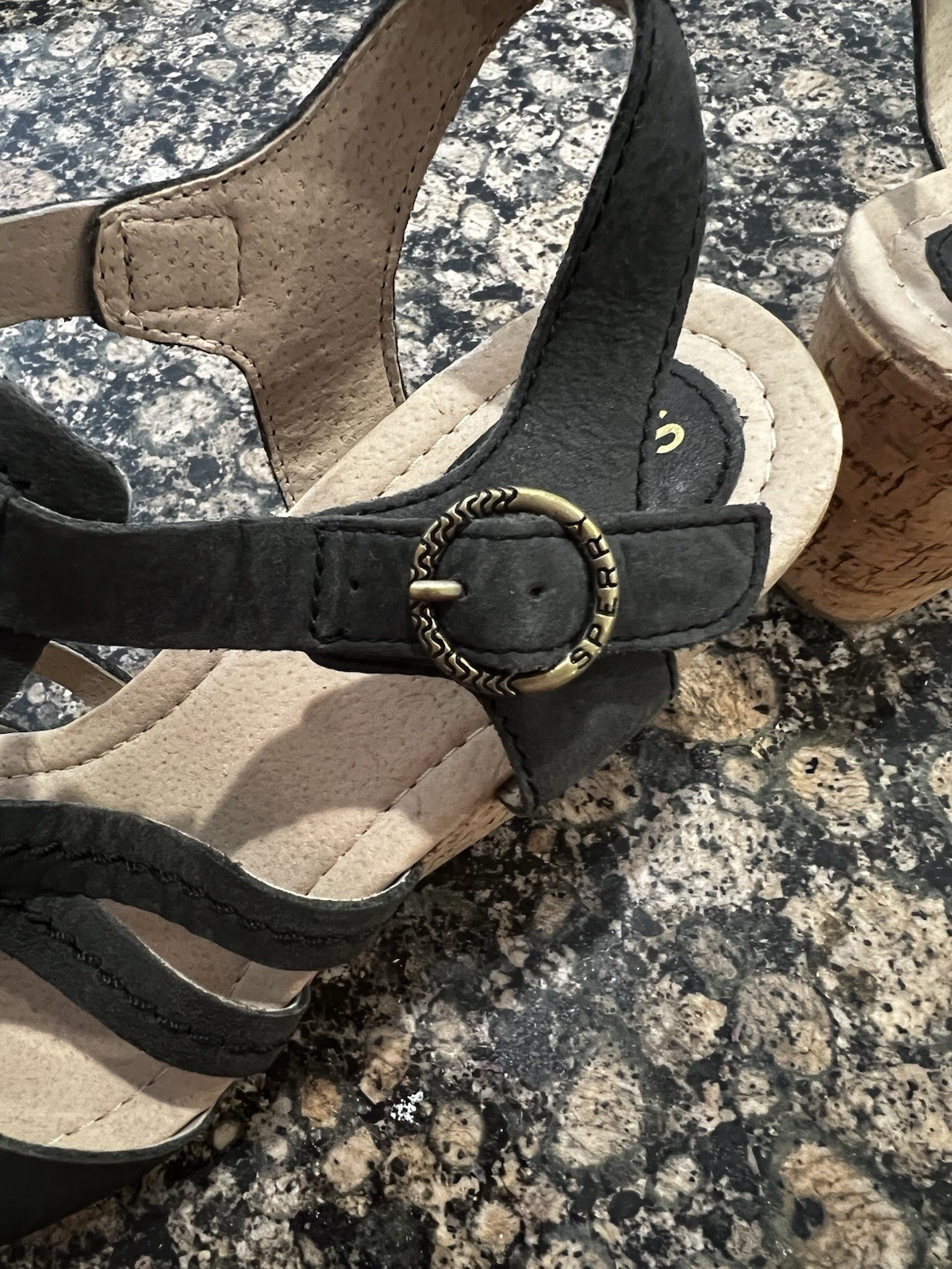 Sperry Top-Sider Women’s Strappy Wedge Sandals Leather Buckle Black/Beige 8M