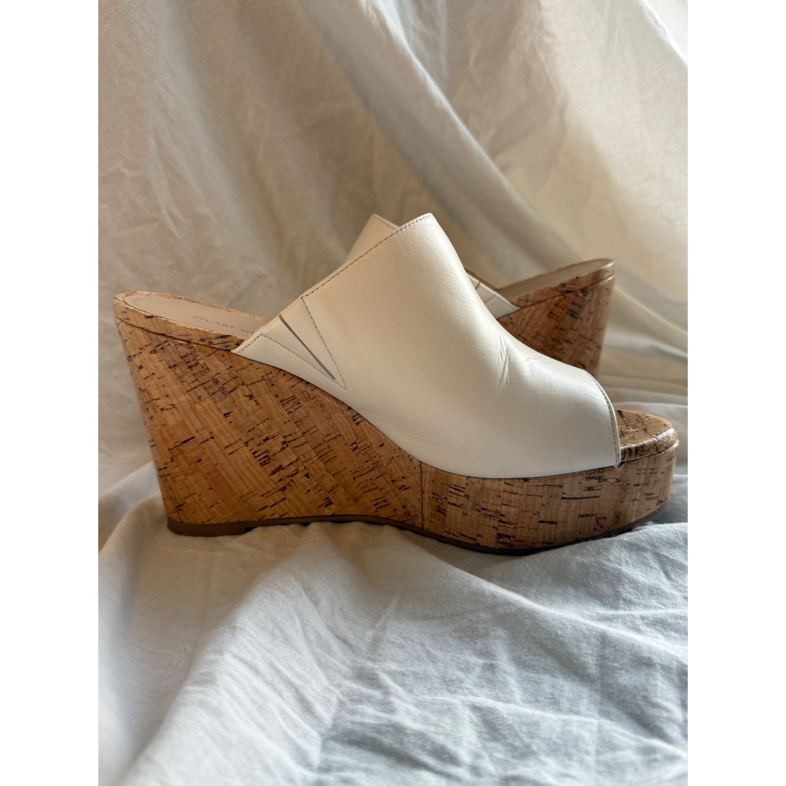 Stuart Weitzman Cream Leather Cork Platform Wedge Mules SH378 Size 9B