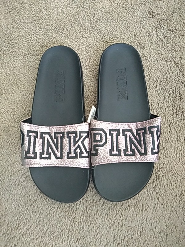 Victoria Secret pink single strap Rose Glitter bling Logo slides new L 9/10 Htf
