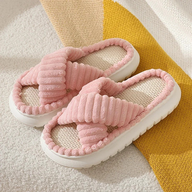 Pink Corduroy Cross Strap Home Slippers Women Winter 2025 Breathable Thick Sole