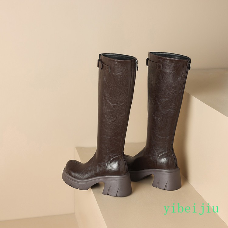 Womens Knee High Long Boots Lady Round Toe Shoes Vintage Fall Winter Chunky Heel