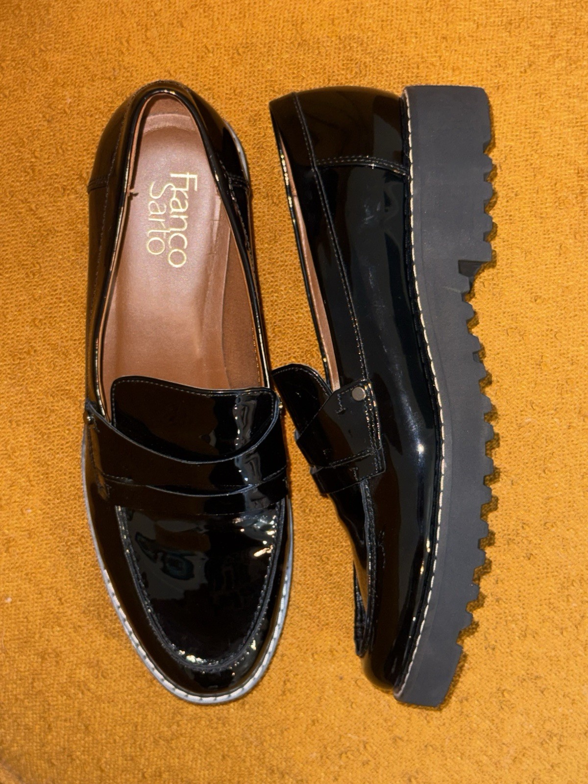 New Franco Sarto Cassandra Penny Loafers Black Round Toe Block Heel Shoes 8 M