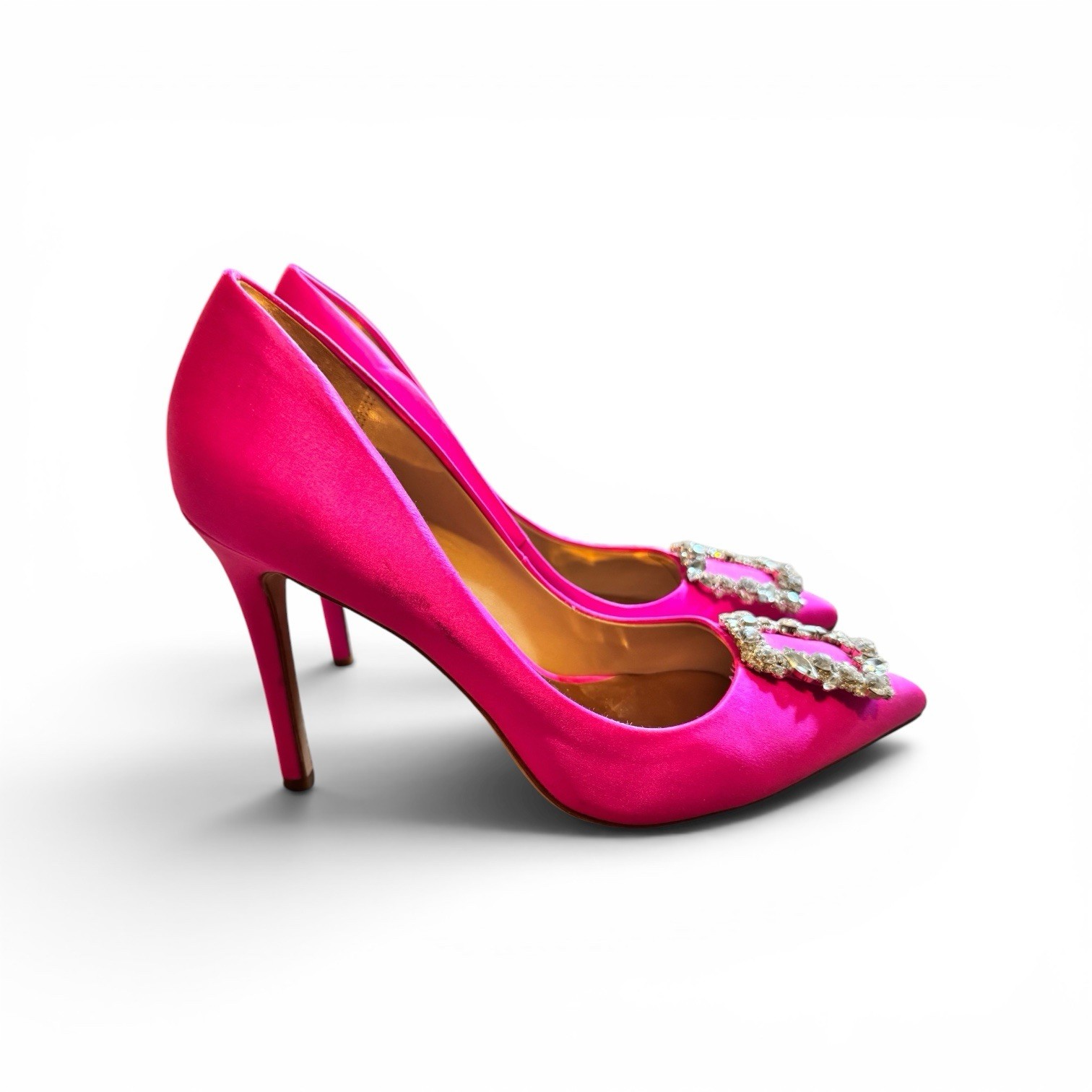 Badgley Mischka satin crystal-buckle pumps in a hot pink/fuchsia satin.