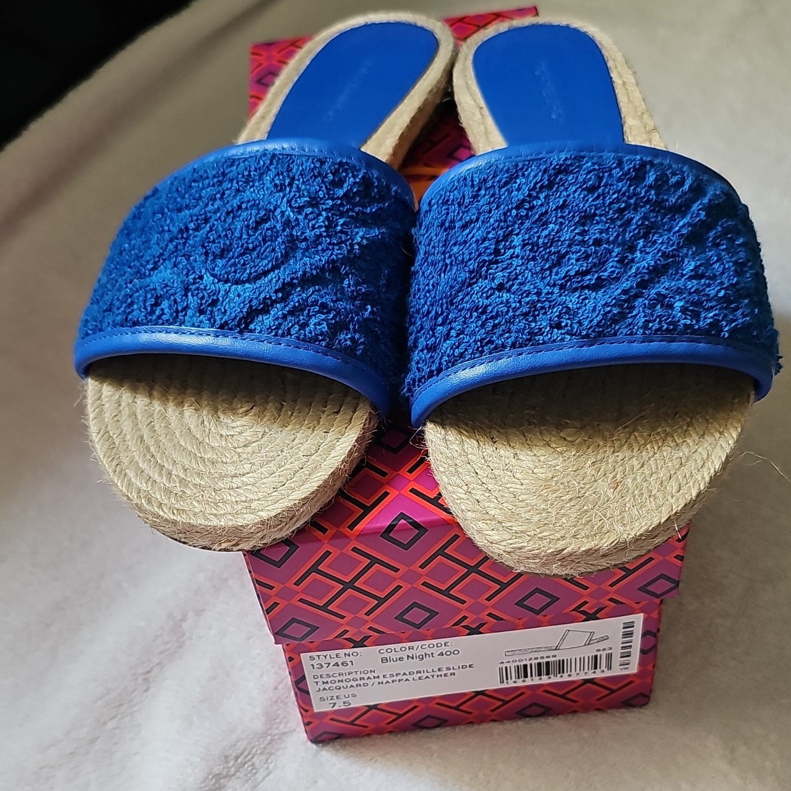 Tory Burch Blue/Beige Leather Logo Slide Sandals Womens US 7.5 Slip On
