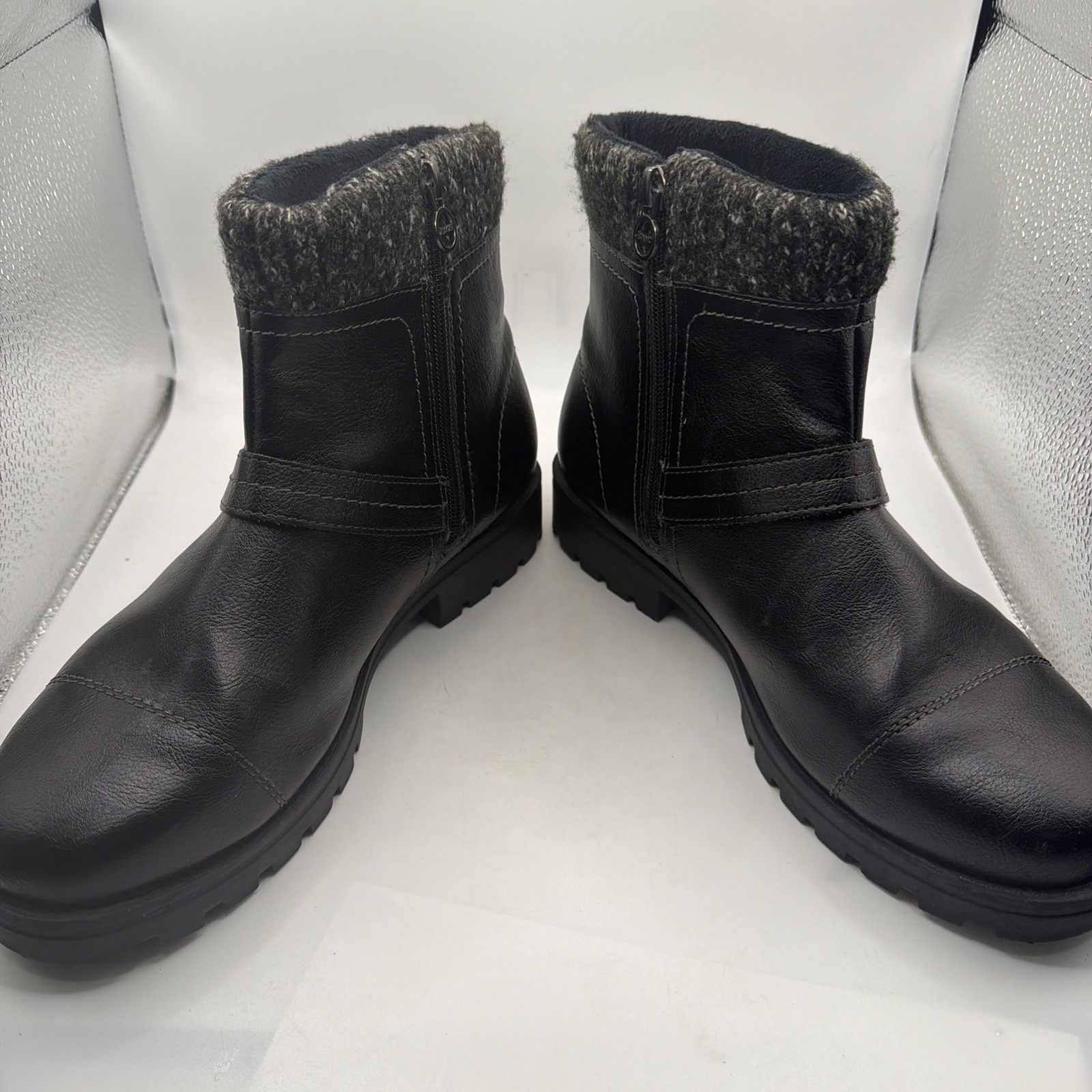 JSport Ankle Boots Womens Black Leather Round Toe Side Zip Buckle Comfort – 10