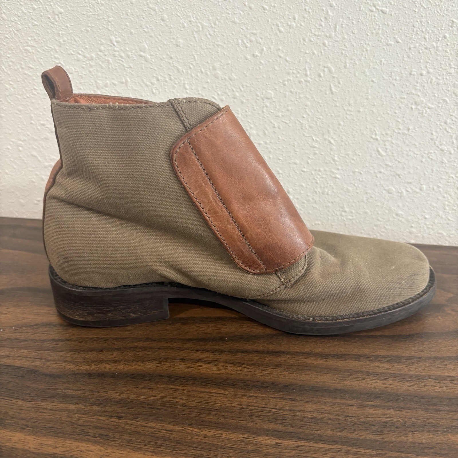 J Crew Womens Canvas Leather Double Monk Strap Ankle Booties Size 7 Green Brown
