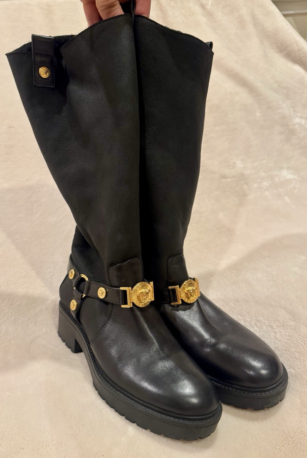 Versace Black Leather Mid-Calf Boots Gold Medusa Strap EU 40 Women