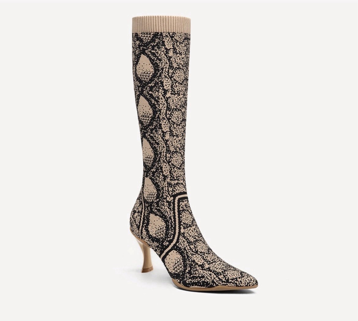 BelleVoyage Minimalist Pointed Toe Heeled Long Boots-Apricot Snake Print