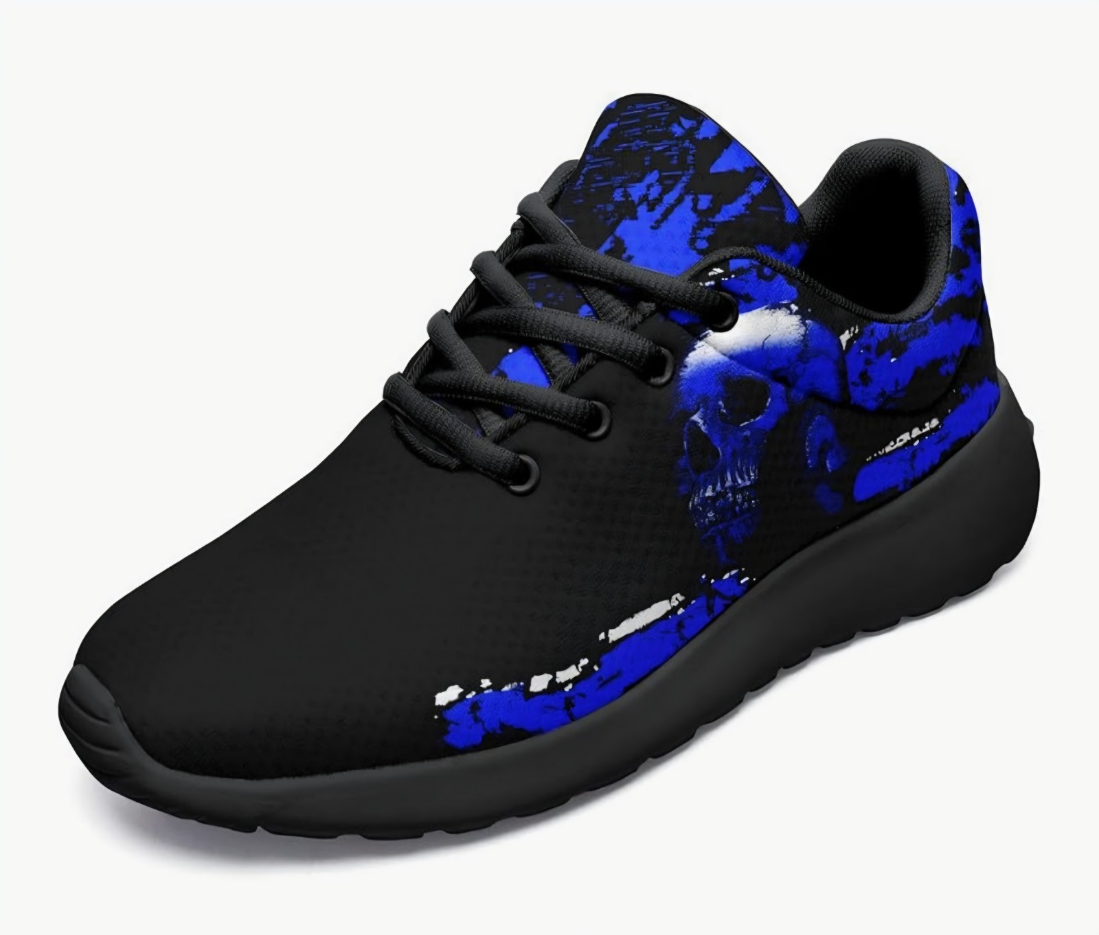 Mens 4 Or Womens 6 Black Athletic Sneakers with Blue Skull Accent