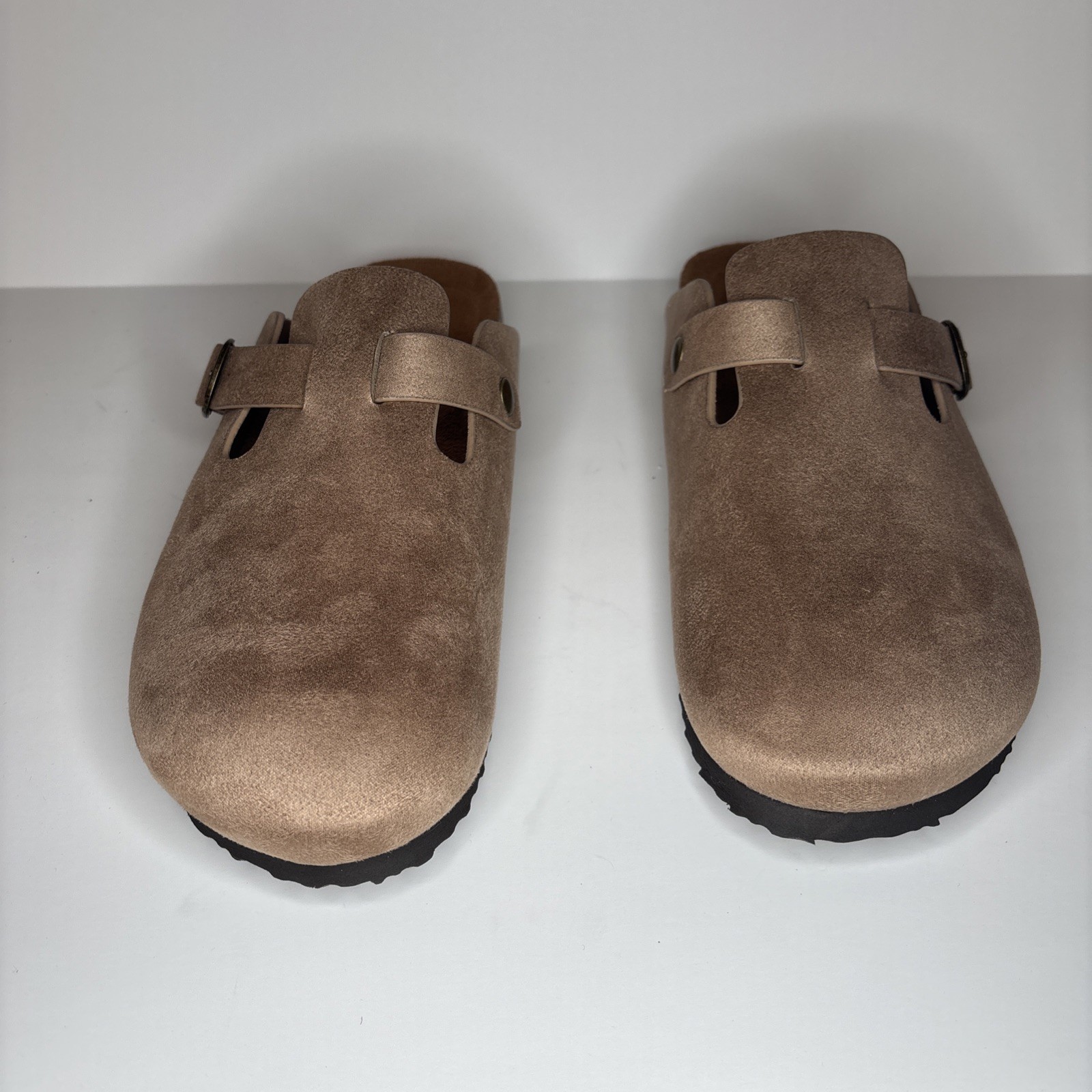 Soda Beige Faux Suede Buckle Comfort Clog Shoes Women Slip On Flat