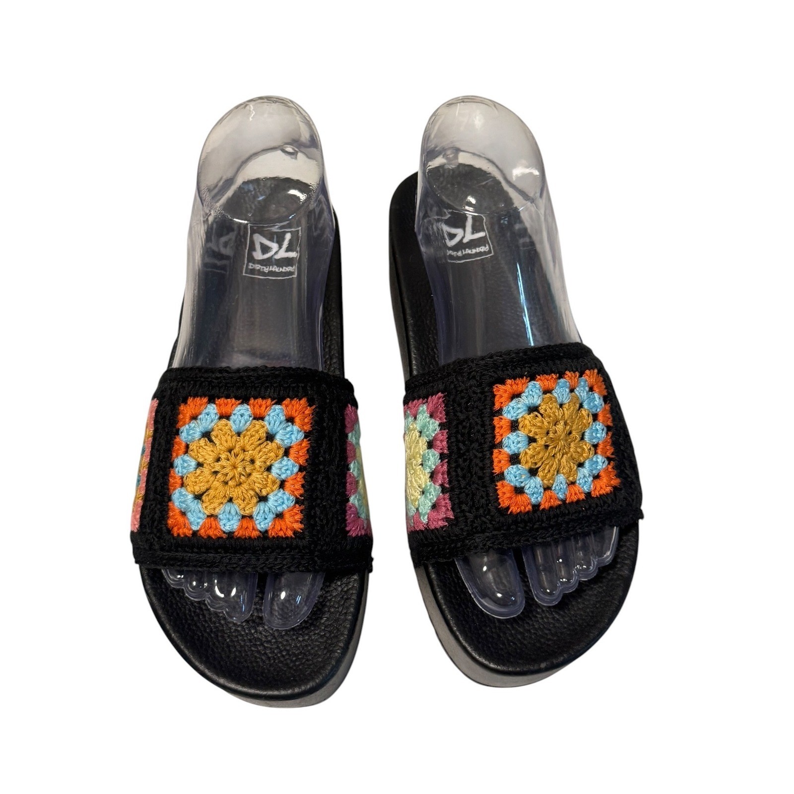 Dirty Laundry Worble Womens Black Crochet Granny Square Platform Slide Sandals 8