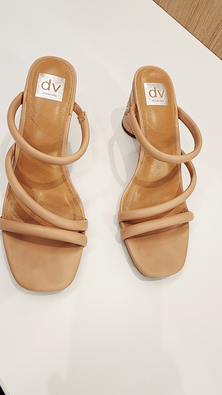 Dolce Vita Women’s Beige Strappy Square Toe Block Heel Slip-On Sandals