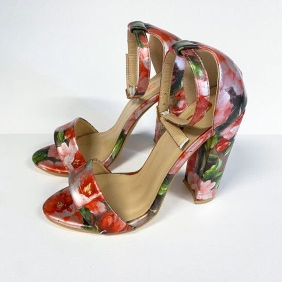FSJ Flower Floral Open Toe Chunky Heels Ankle Strap Sandals Wedding Bridal Shoes