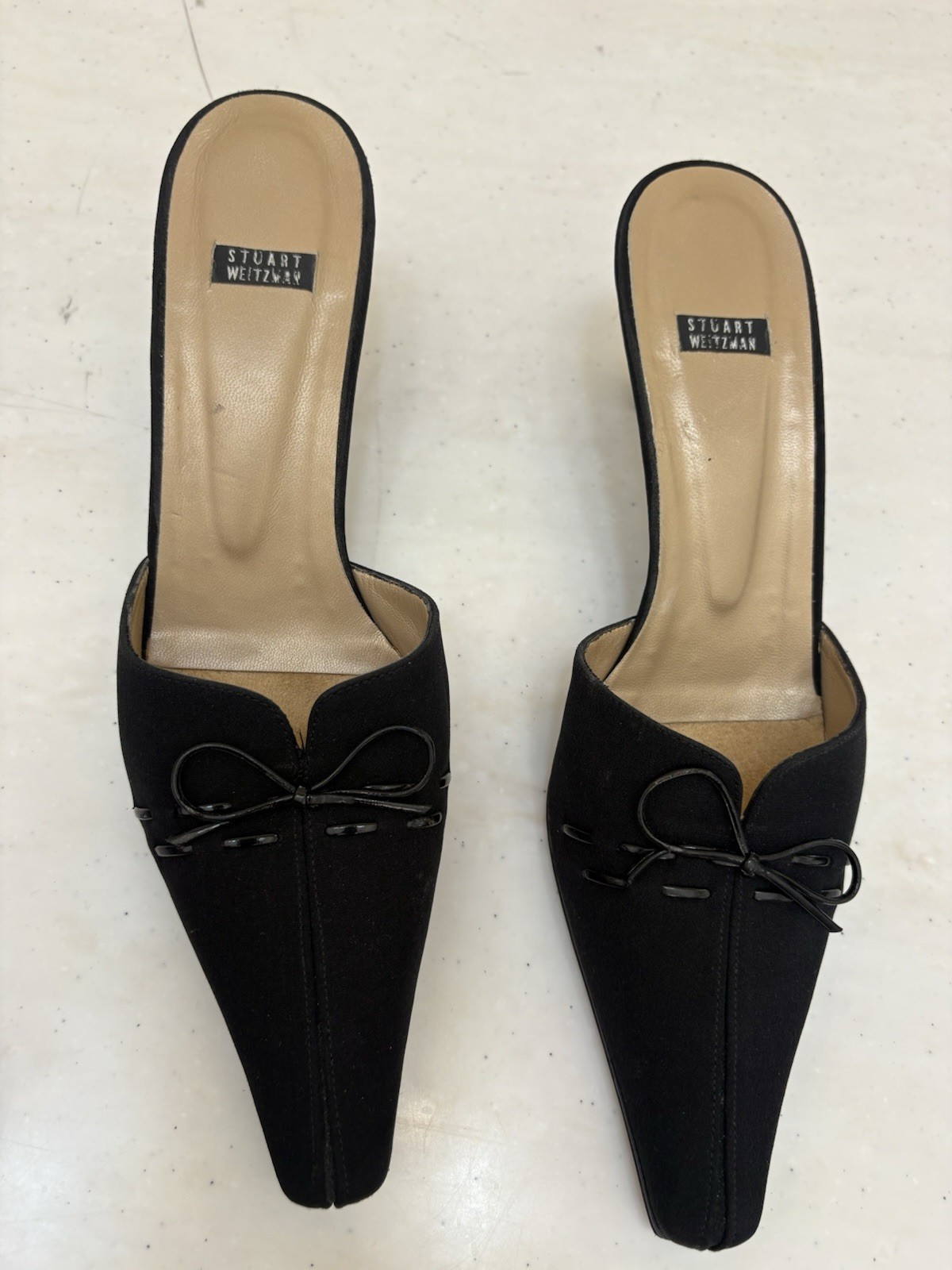 Stuart Weitzman Vintage Y2K Black Bow Pointed Toe Mule Slip On Heels US 8.5