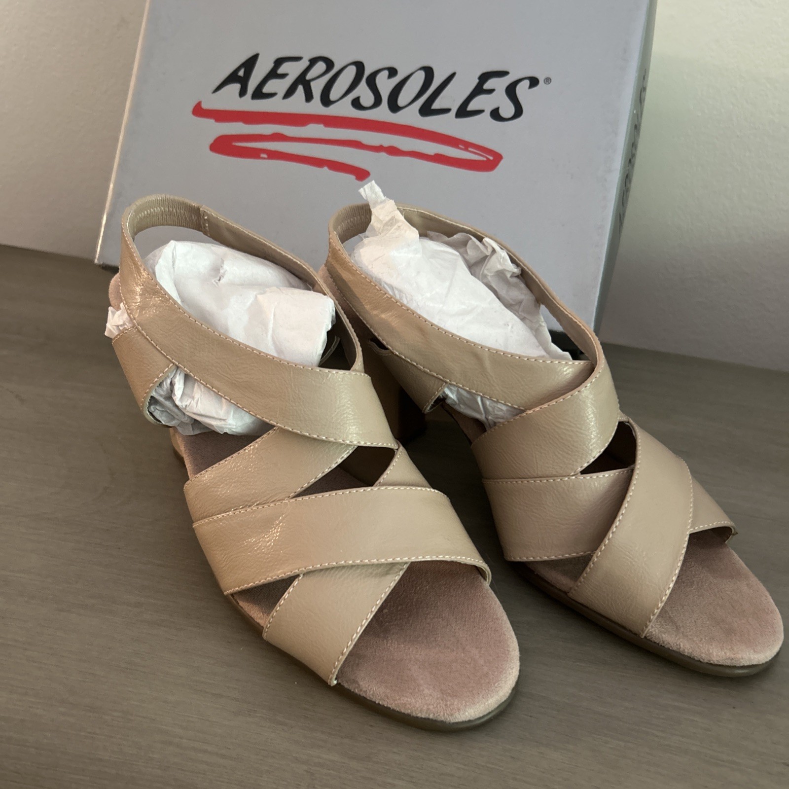 Aerosoles Taupe Strappy Block Heel Sandals Open Toe With Box