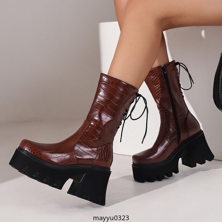 Womens Platform High Block Heel Zip Square Toe Casual Ankle Boots Shoes Biker
