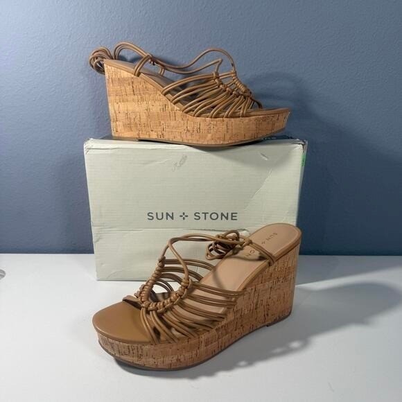 Sun + Stone Women Tan Strappy Cork Wedge Sandals Tie Ankle Espadrille Size 9.5