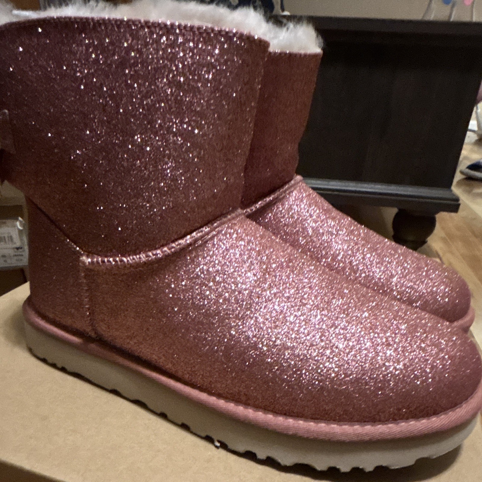 UGG Mini Bailey Bow Sparkle Suede Sheepskin Ankle Boot Pink Women’s 11