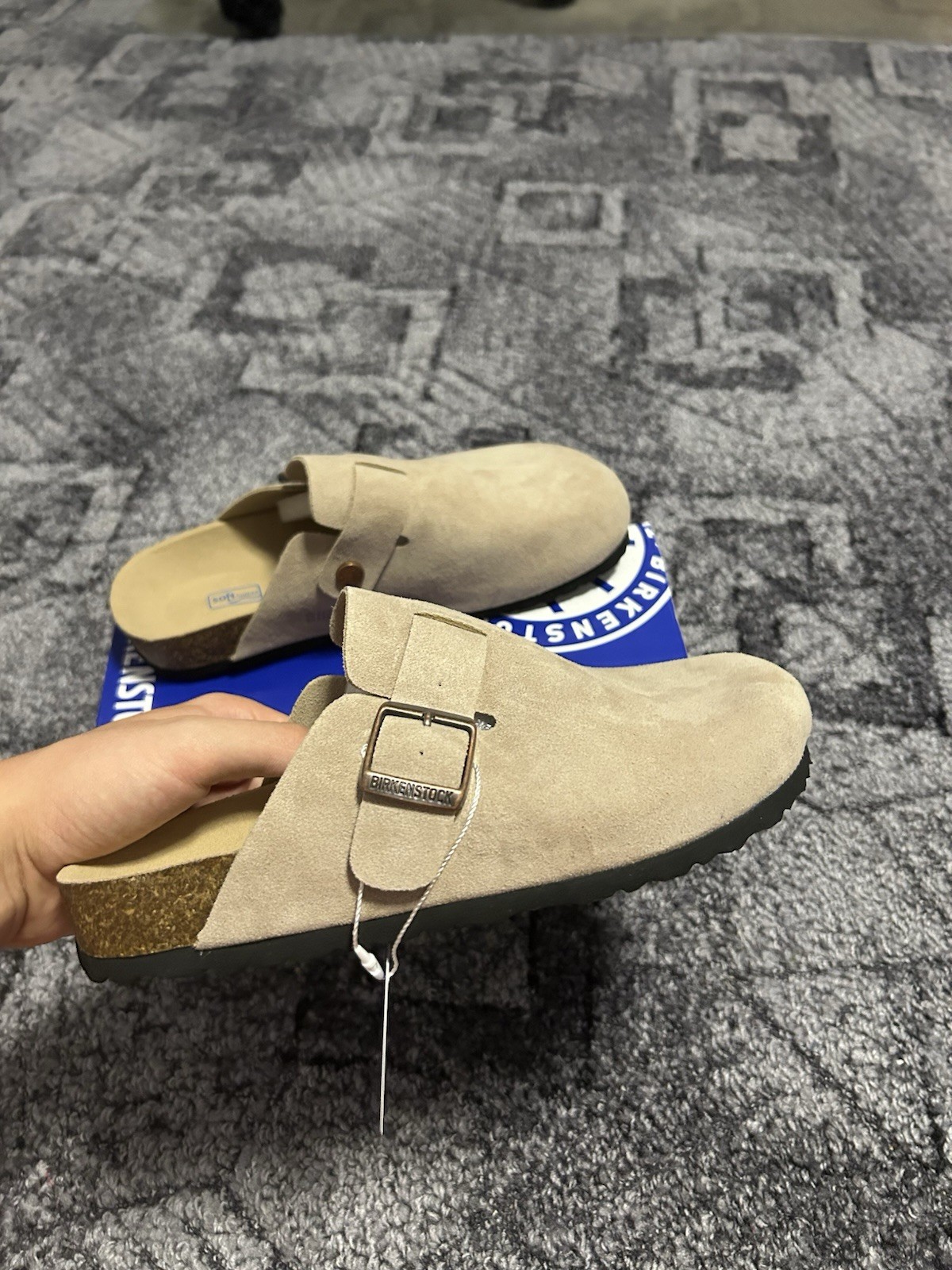 Birkenstock Boston Suede Clogs Womens Taupe Normal Soft Footbed Sandals