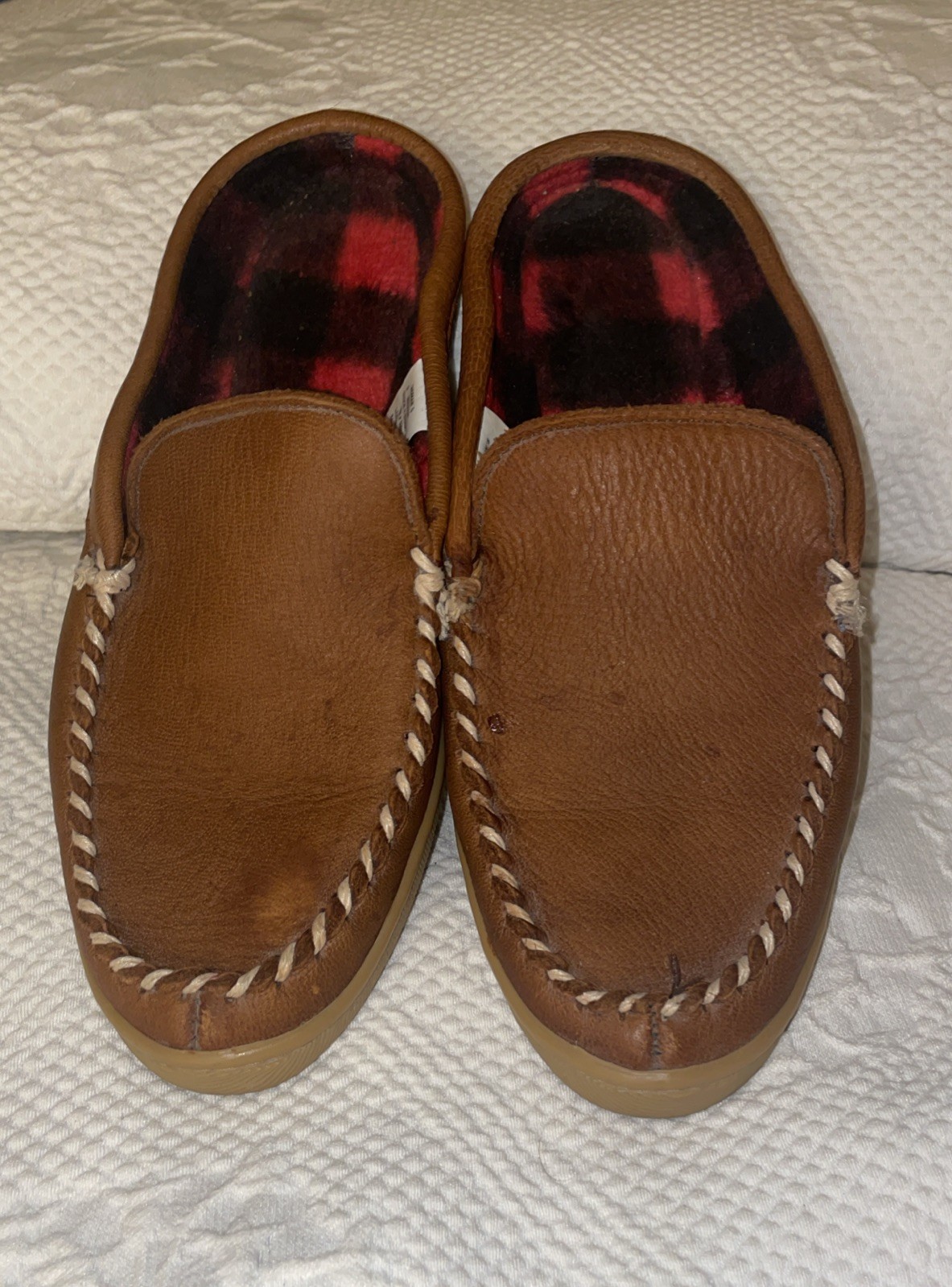LL Bean Women’s Slippers 8M Brown Leather Buffalo Plaid Fleece Lined Slip On