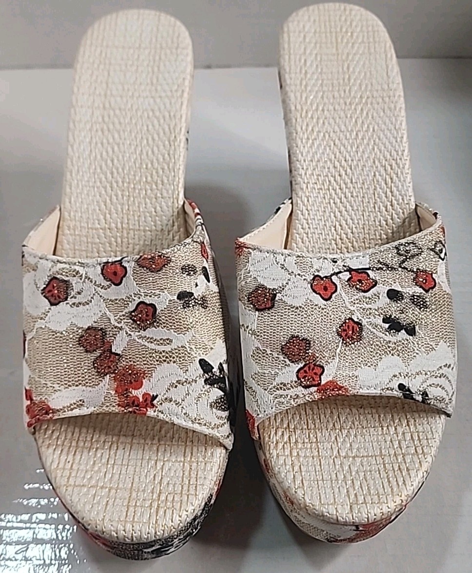 Orange Beige & Gold Open Toe Wedge Floral Shiny Cloth Sandals Size 10 (T184)