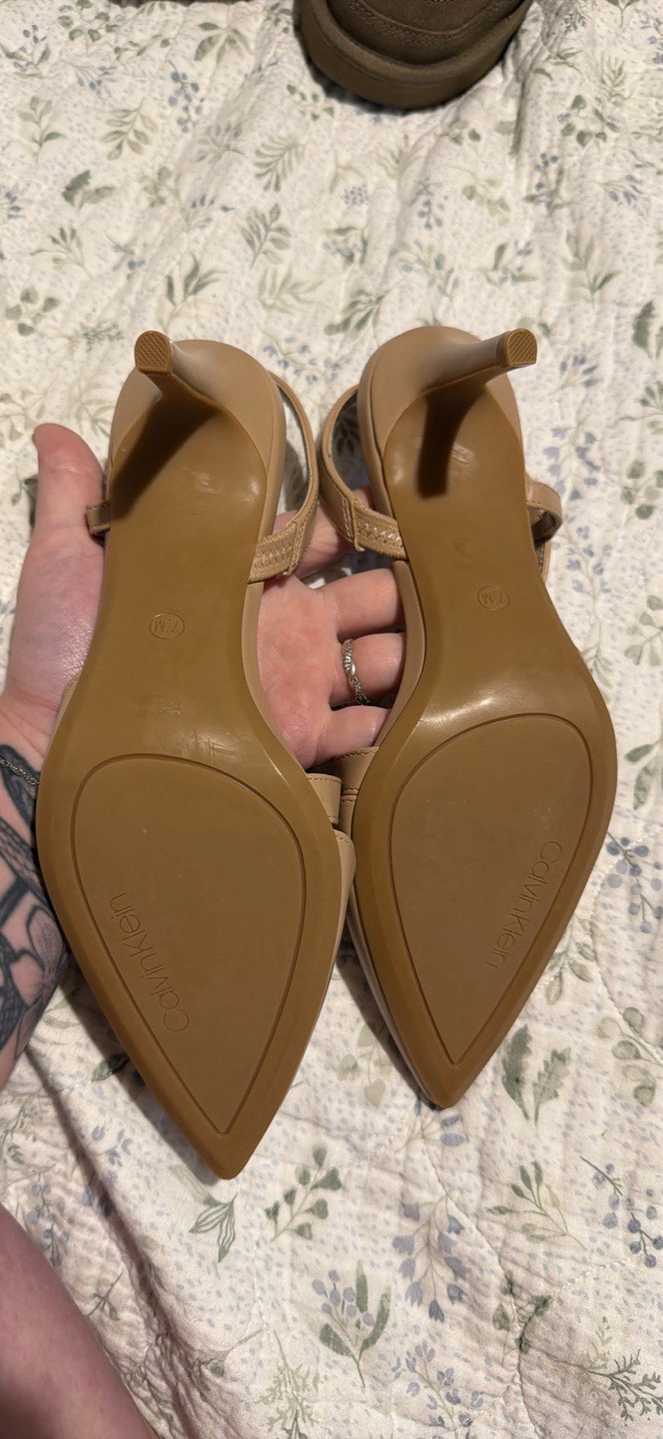 Calvin Klein Women’s Beige Faux Leather Strappy Pointed Toe Slingback Pumps