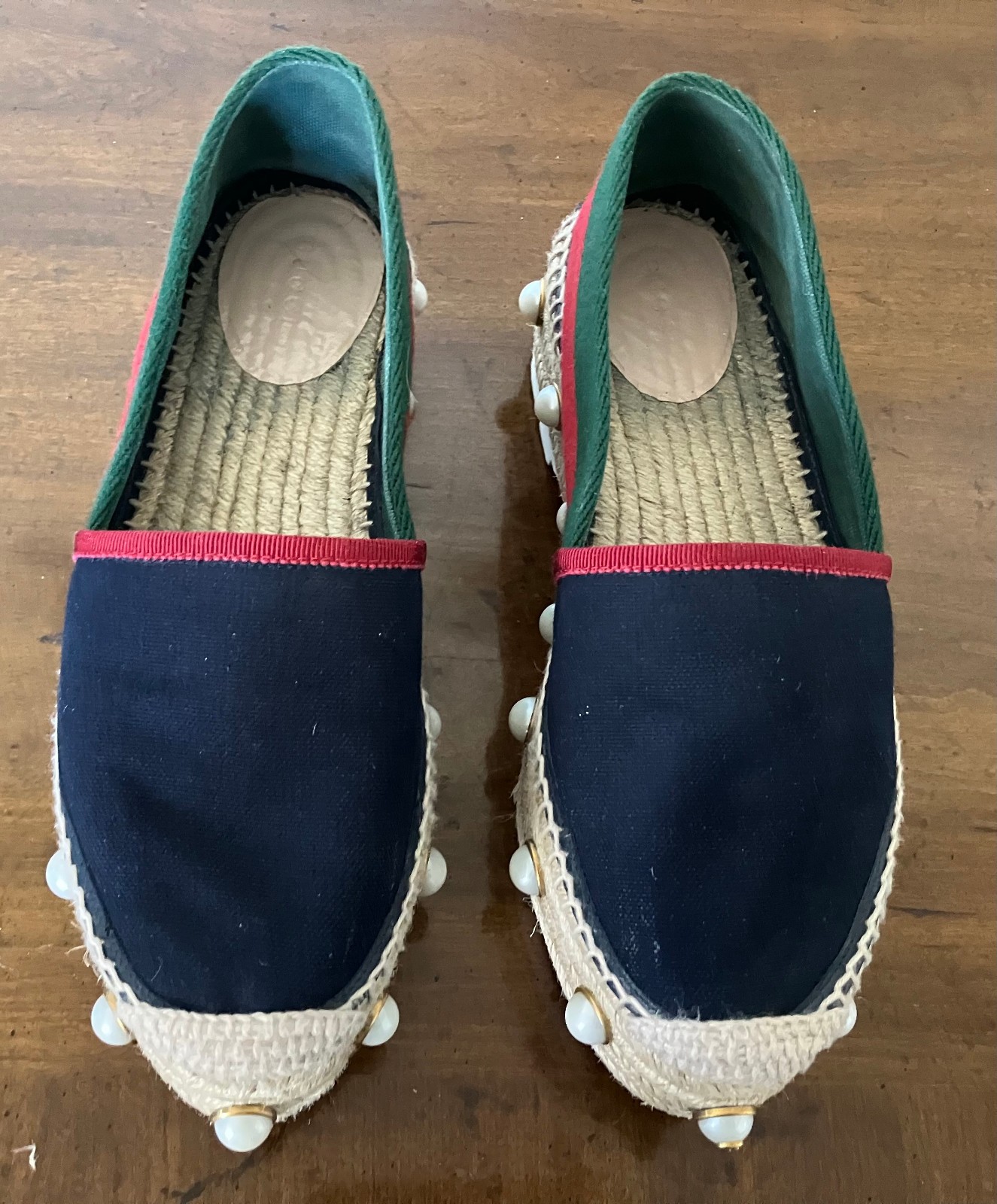 Gucci Pearl Studded Espadrille Flats Blue/Green/Red SZ 38 1/2 Slightly Worn