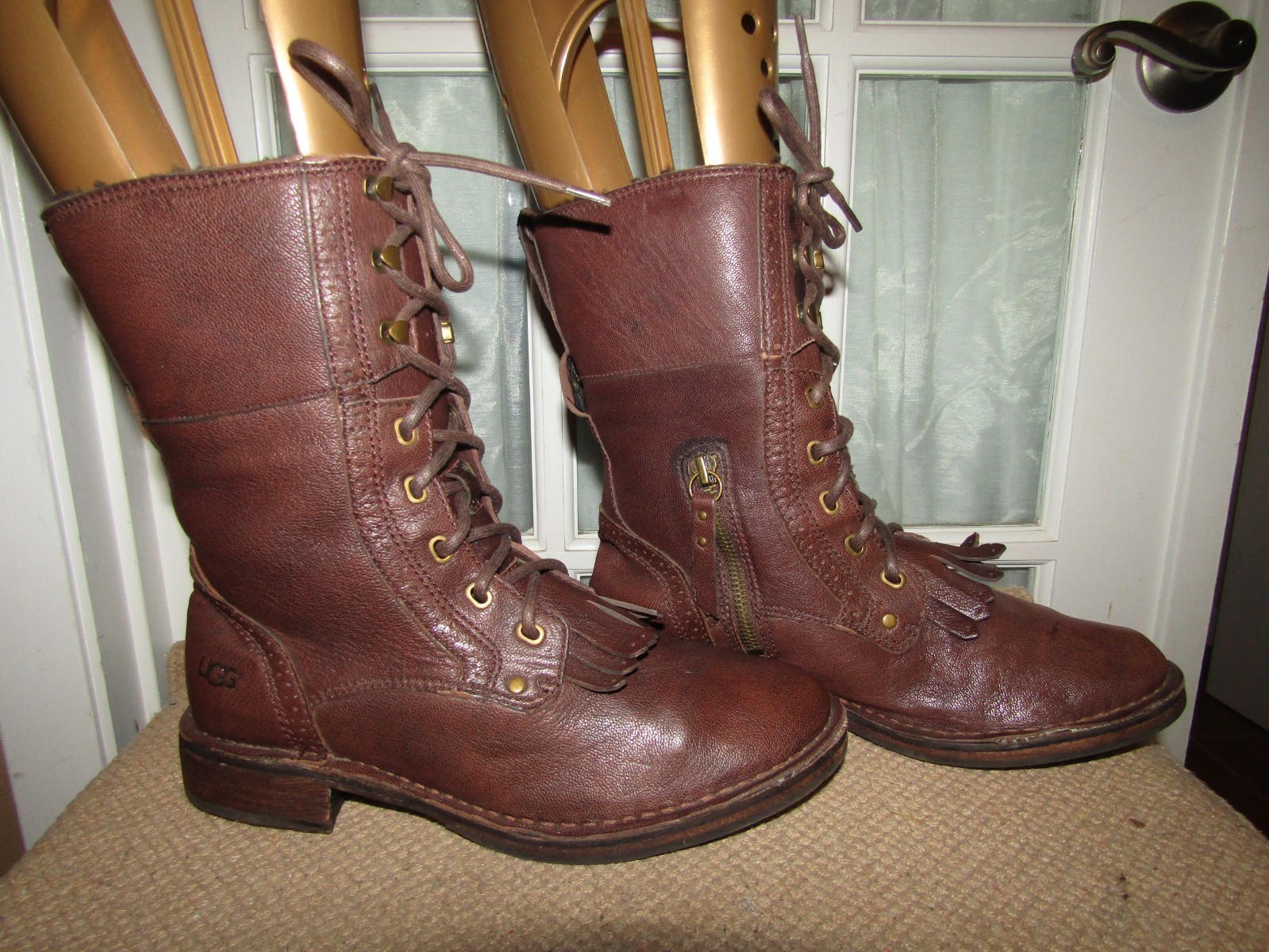 UGG Jenna Lace up Zip Winter Ankle Boots Womens Size 7 Java Brown Leather