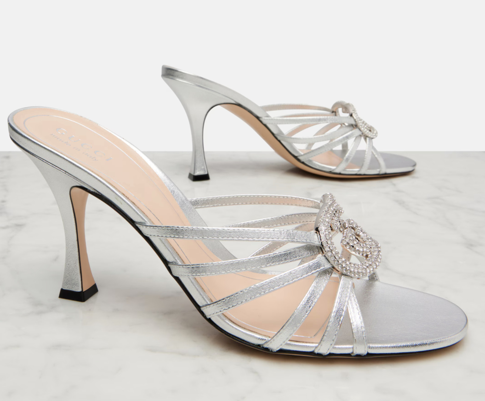 Gucci Interlocking G 85mm Silver Leather Crystal GG Logo Heel Mule Sandal 40