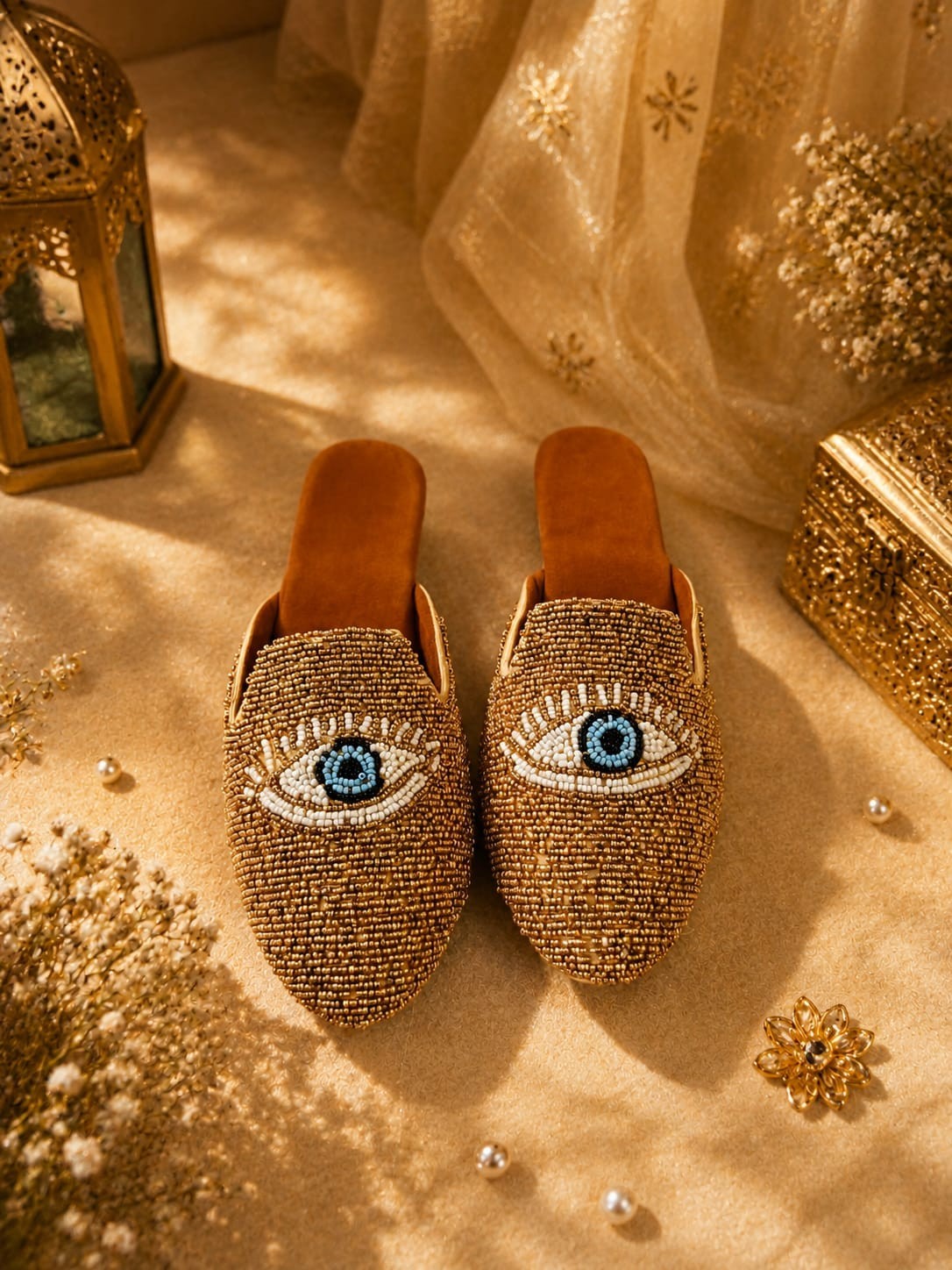 Women’s Beaded Evil Eye Mules Slip On Flats Ethnic Handmade Comfort Shoes