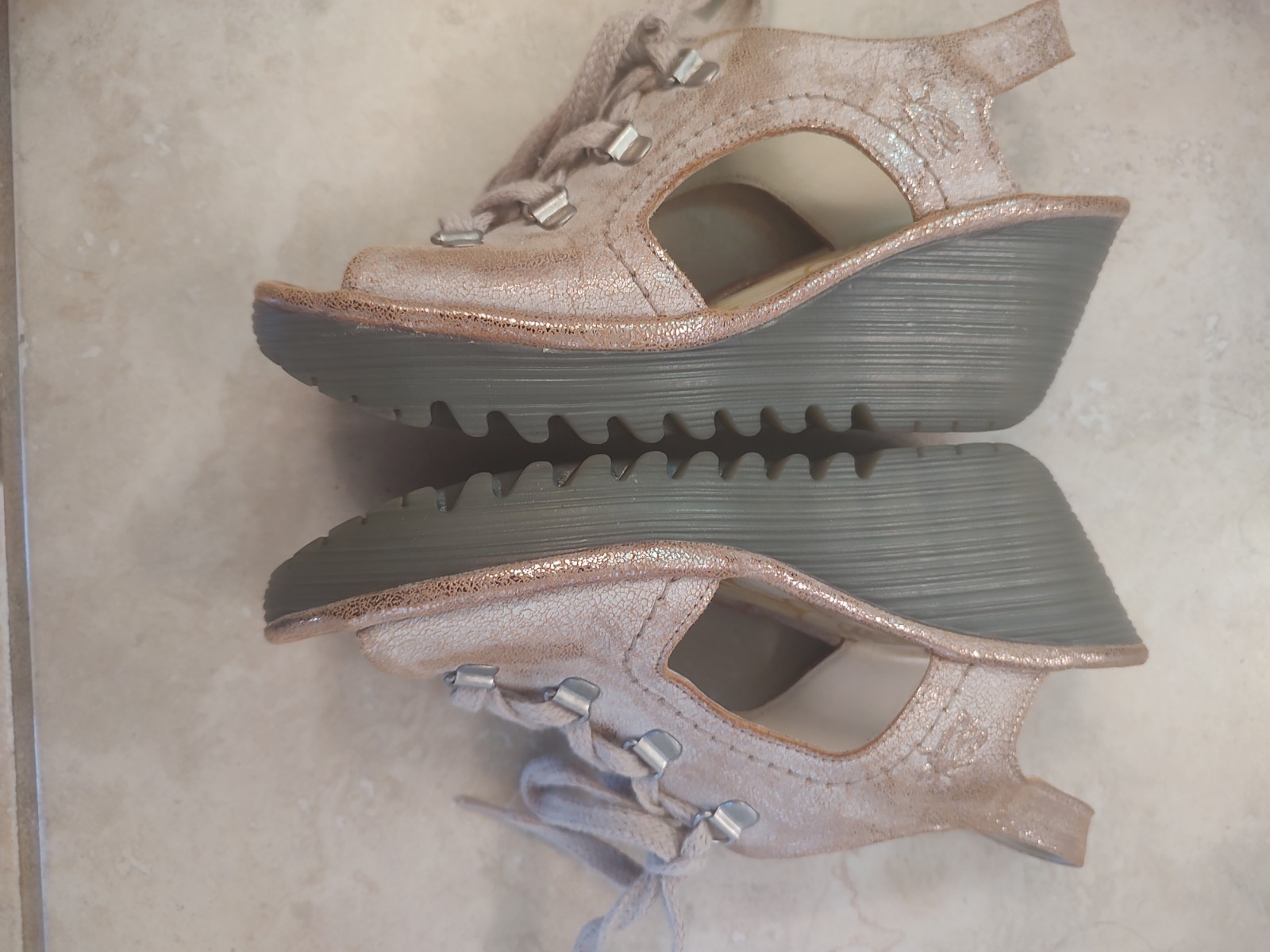 Fly London Platform Wedge Designer Leather Shoes Golden Metal Portugal