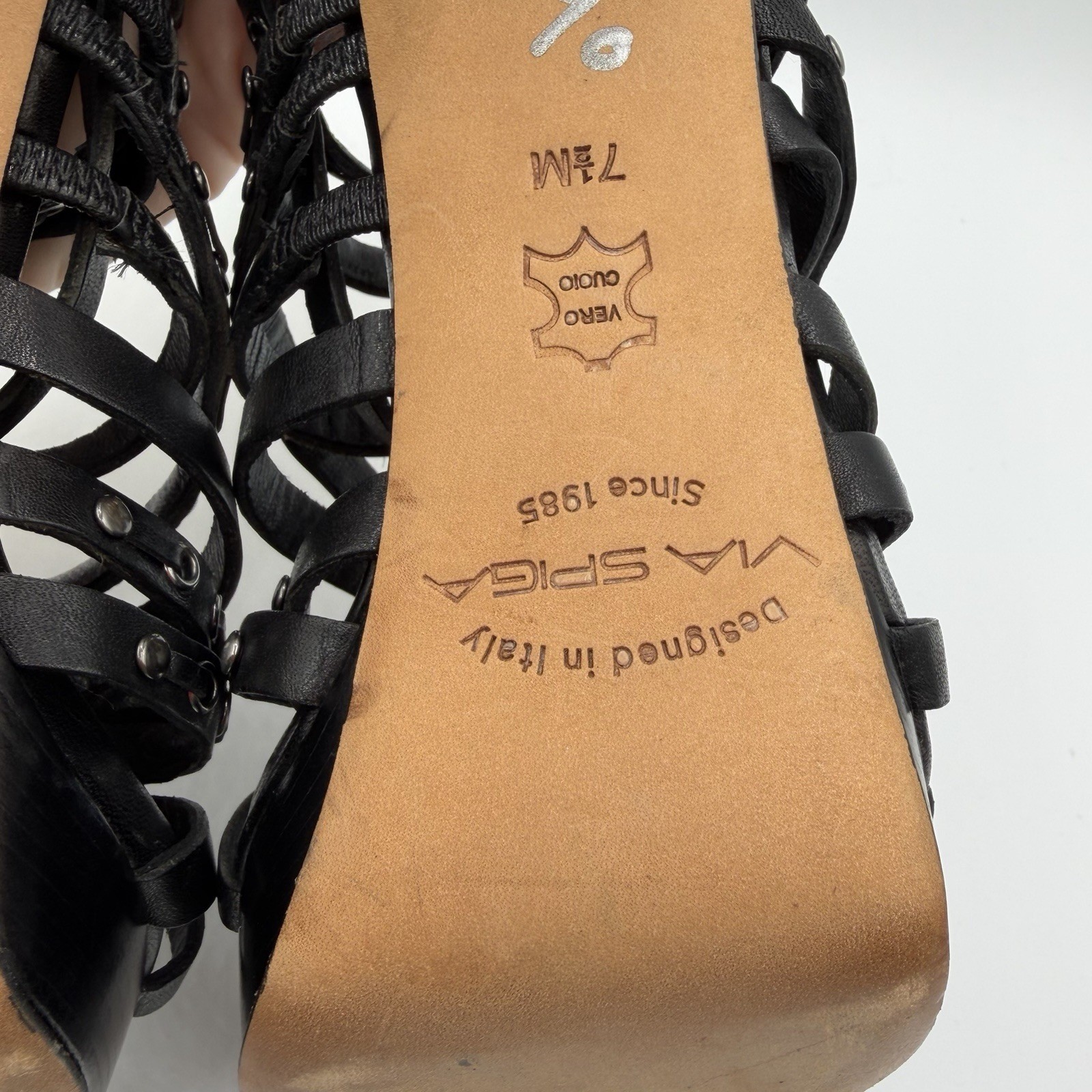 Via Spiga Heels Black Strappy Platform Caged Leather Italy Women’s Shoe Size 7.5