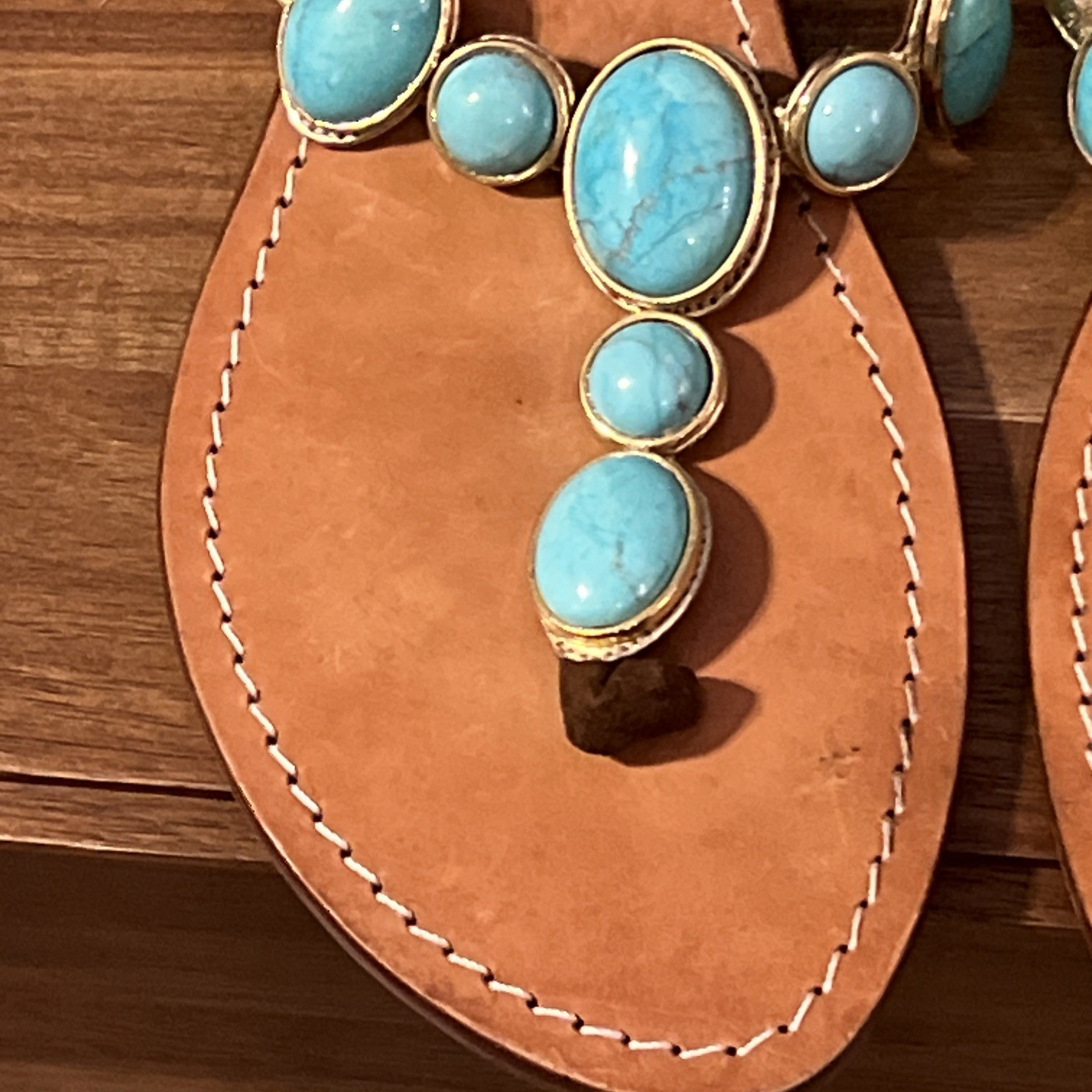 Mystique Sandals Womens Turquoise Gold Leather Sole Wood Heel Sz 10 Indonesia