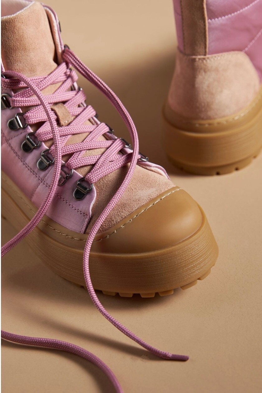 Anthropologie Maeve Hiker Boot Pink Satin Tan Suede Rubber Lace Up 40/ 9-9.5 NEW
