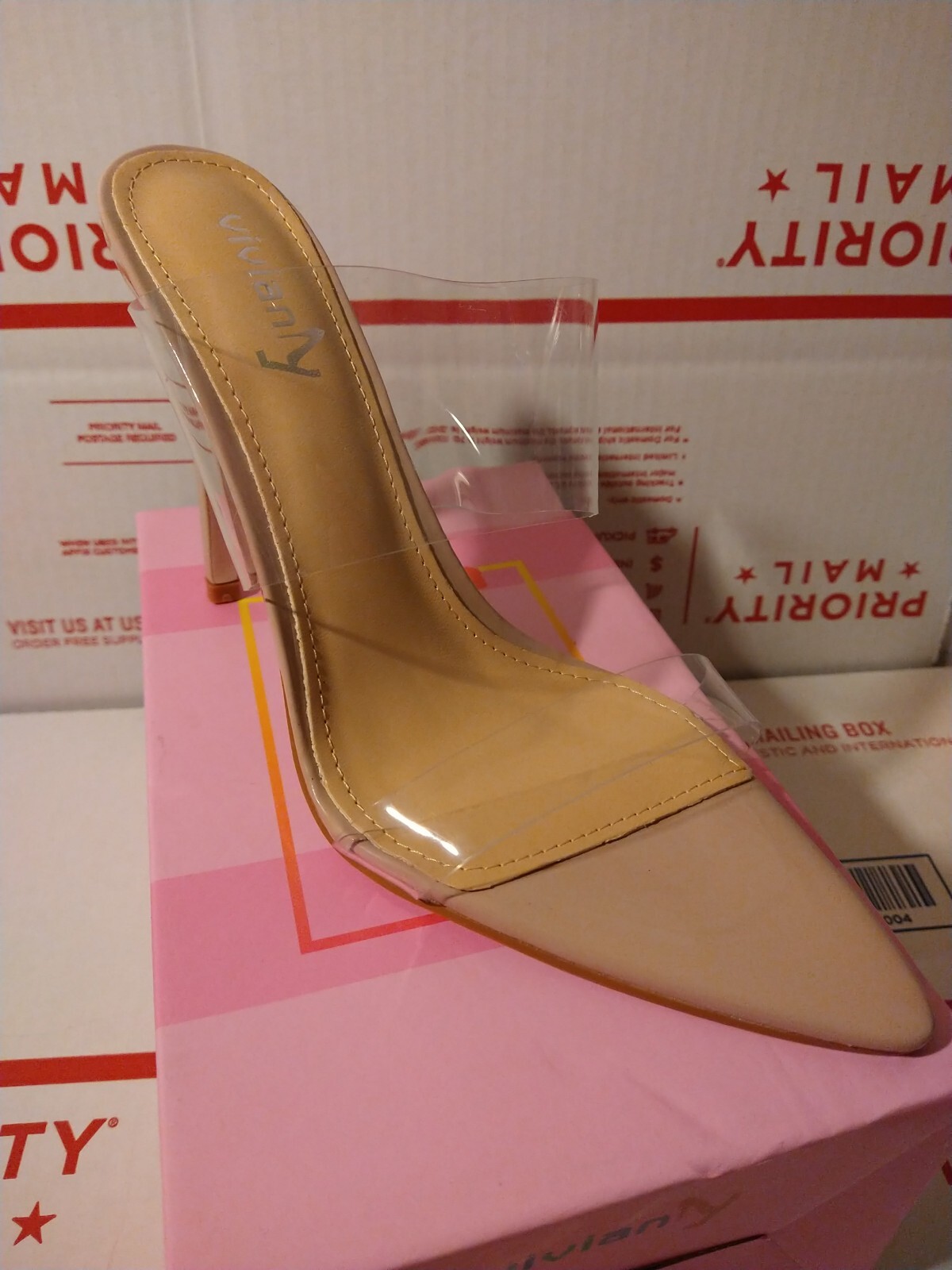 VIVIANLY Clear Pointed Toe Heels Sandals Transparent Strap Stiletto High Heel