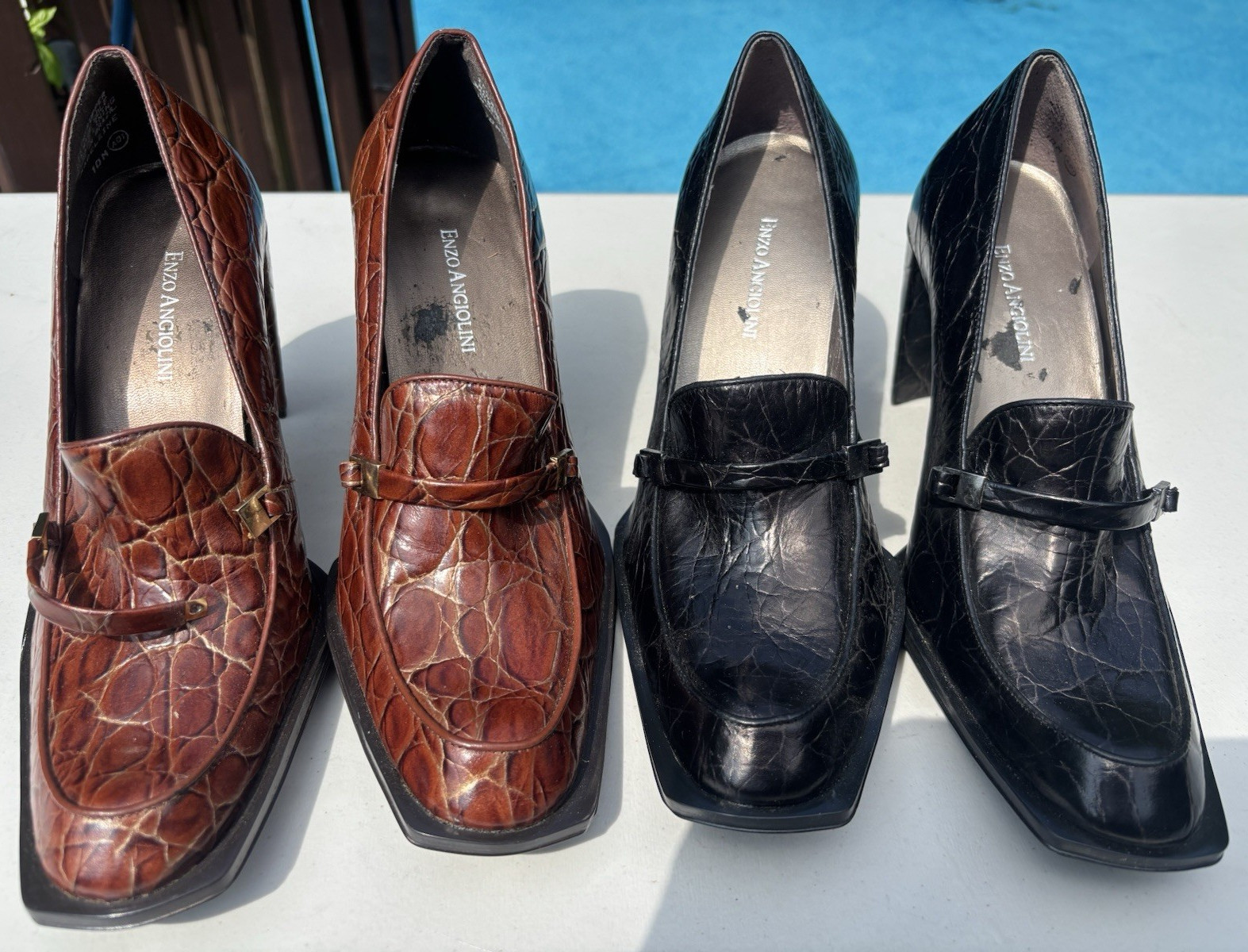 Enzo Angiolini Brown/Black Leather Croc Square Toe Block Heel Pumps 10. Two Pair
