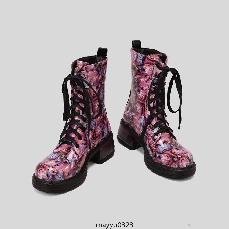 Women’s Mid Cuban Heel Ankle Boots Knight Printed Casual Lace Up Winter Shoes
