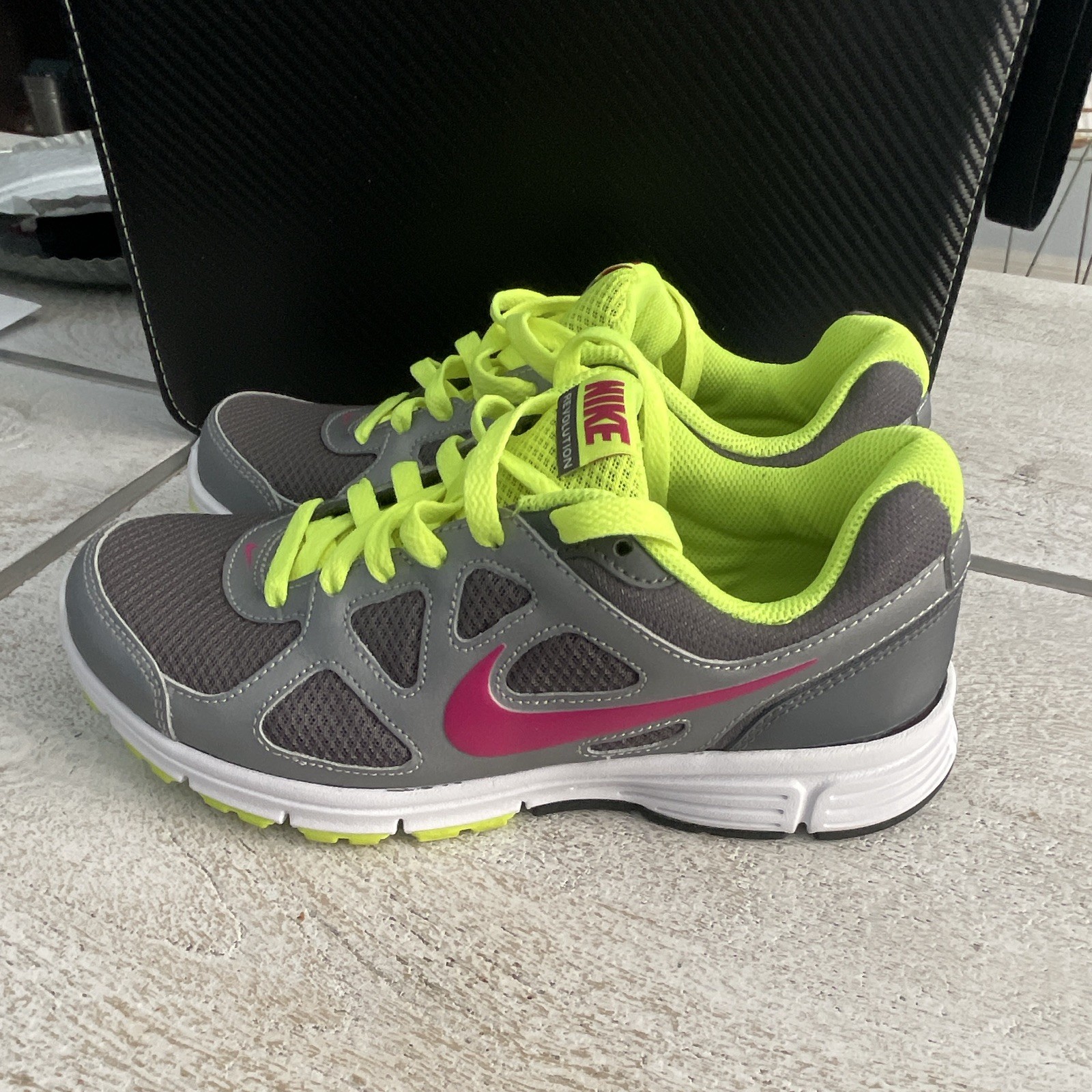 Nike Revolution Low Top Athletic Sneakers Lace-Up Gray Neon Yellow Pink Size 7