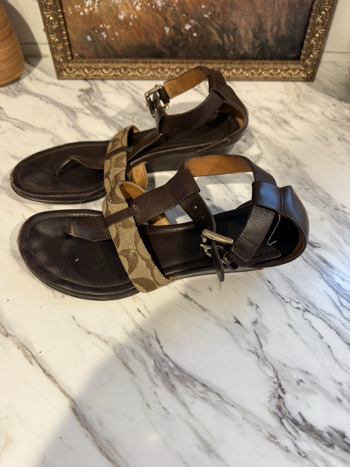Coach Women’s Signature Logo Strappy Buckle Ankle Strap Sandals Brown 7