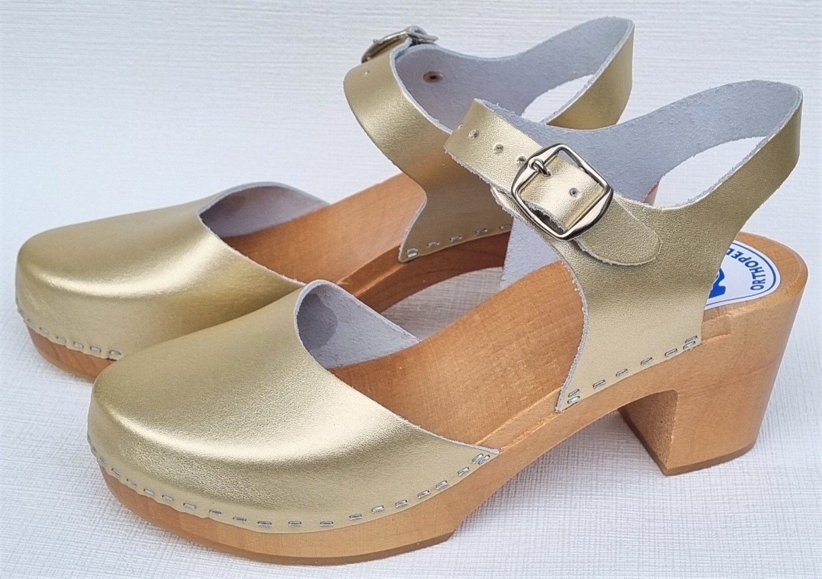 WOOD CLOGS wooden mules sandals size 38 *gold* real beef leather handmade