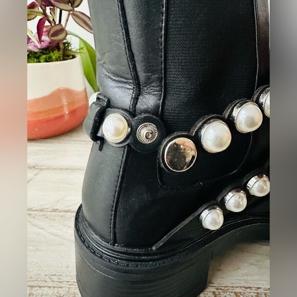 Zara Black Pearl-Embellished Strap Leather Ankle Boots – 6.5