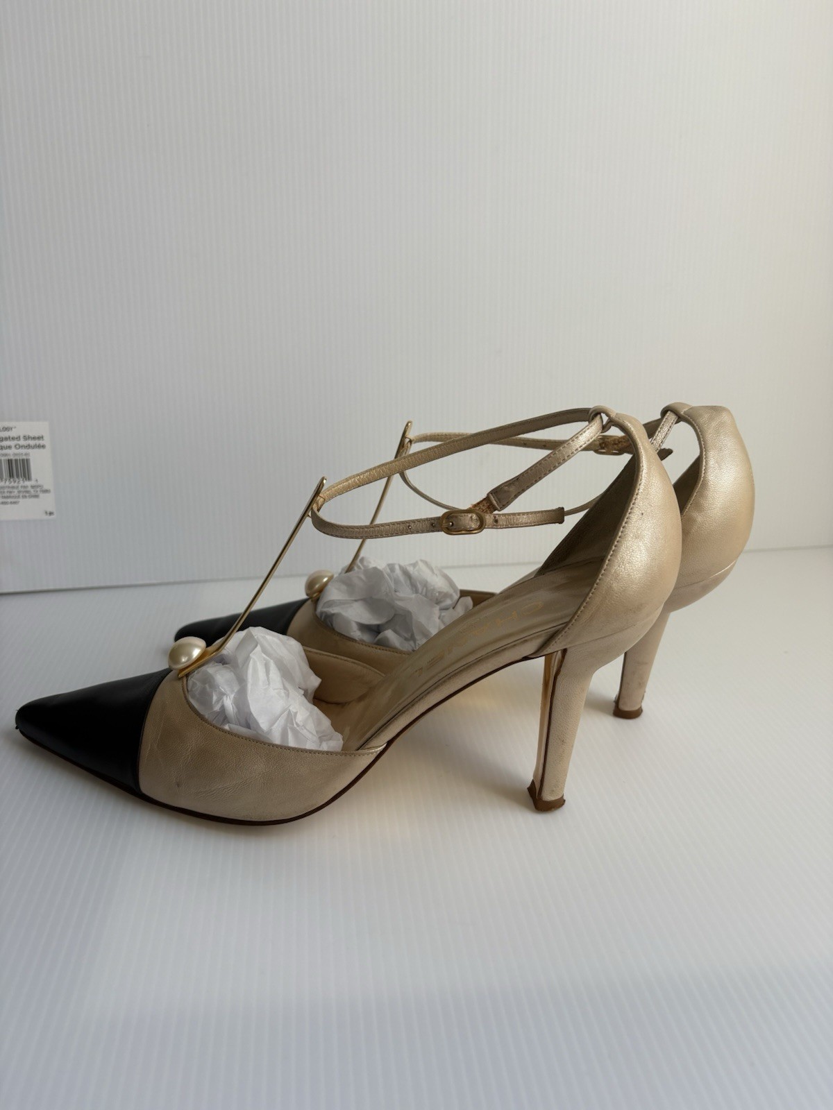 CHANEL CC LOGO FAUX PEARL STRAPS HEEL PUMPS 38.5 US 8-8.5 Two Tone
