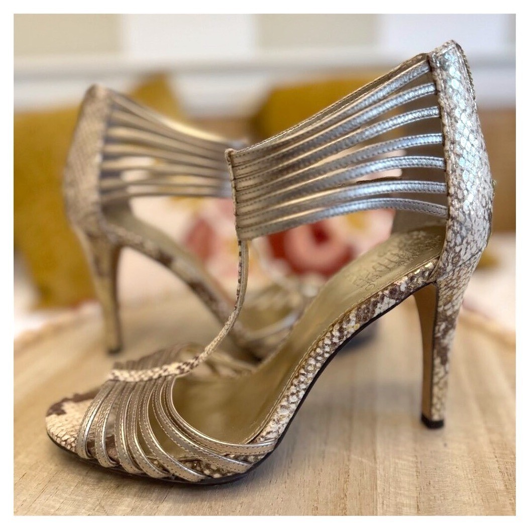 Vince Camuto Champagne Metallic Open Toe Stiletto 7B Embossed Leather 4″ Heels