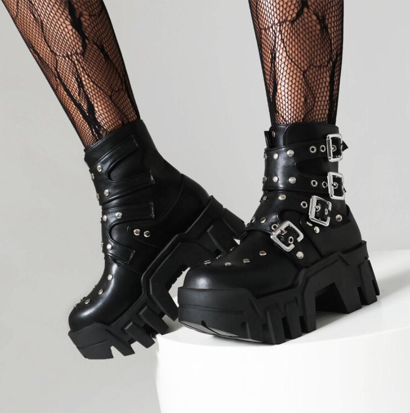 Rivets Ankle Boots Mid Heel Studded Gothic Thick Sole Womens Platform Shoes Punk