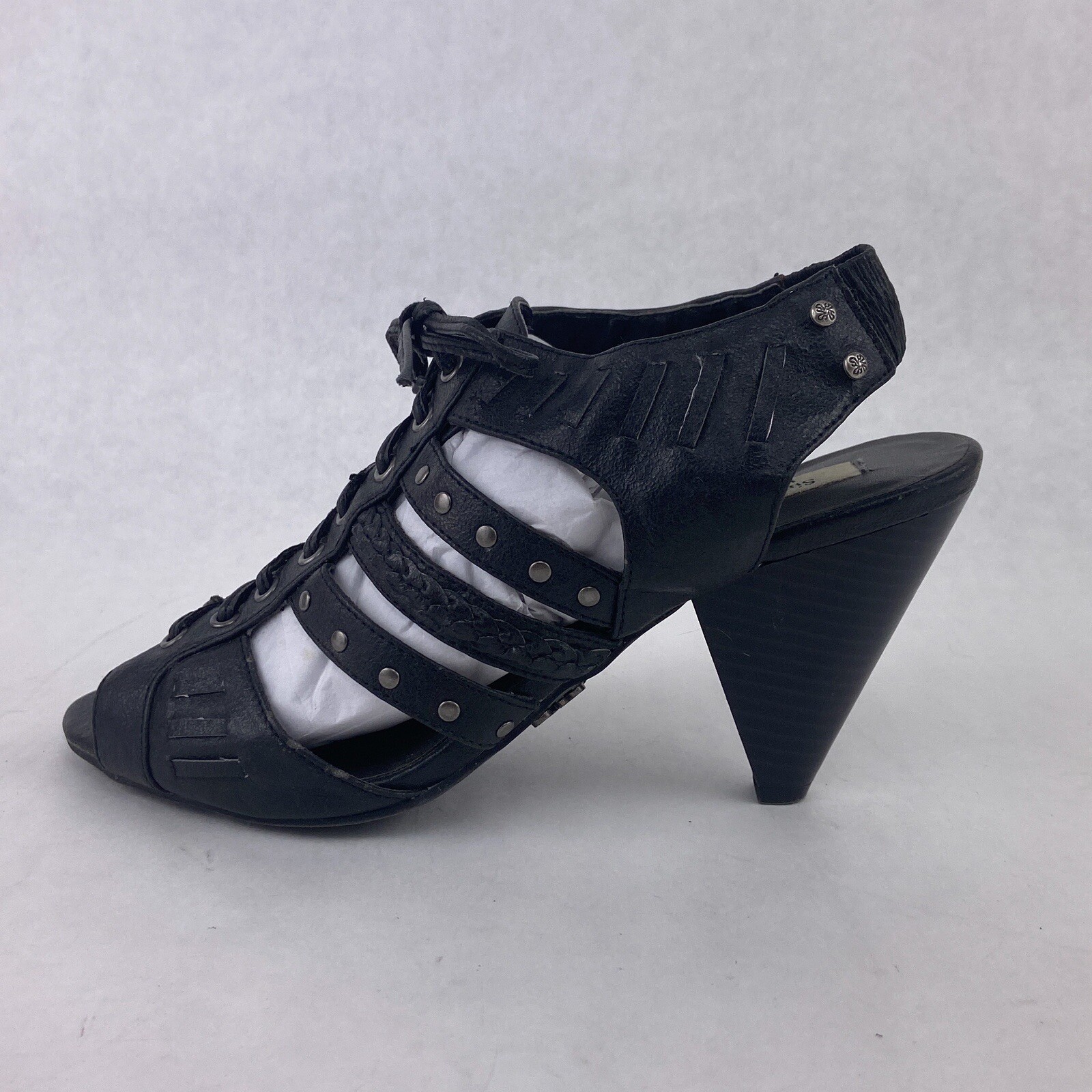Simply Vera Wang Heels Women 8 M Black Hades Lace Up Studded Sling Back Shoes 3″