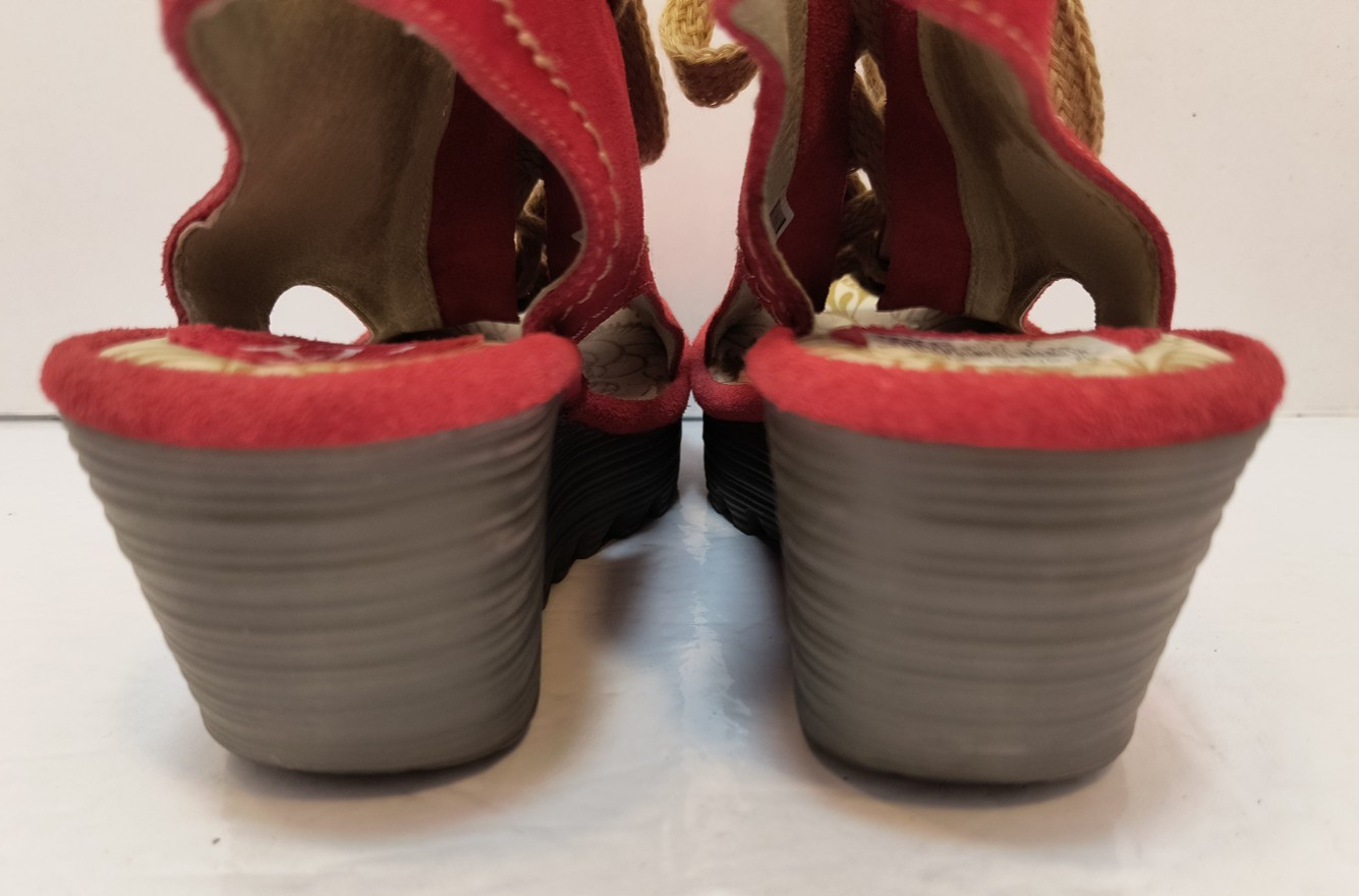Fly London Yaba Red Suede Lace Up Wedge Sandals Women’s Size EU 37 US 6- 6.5