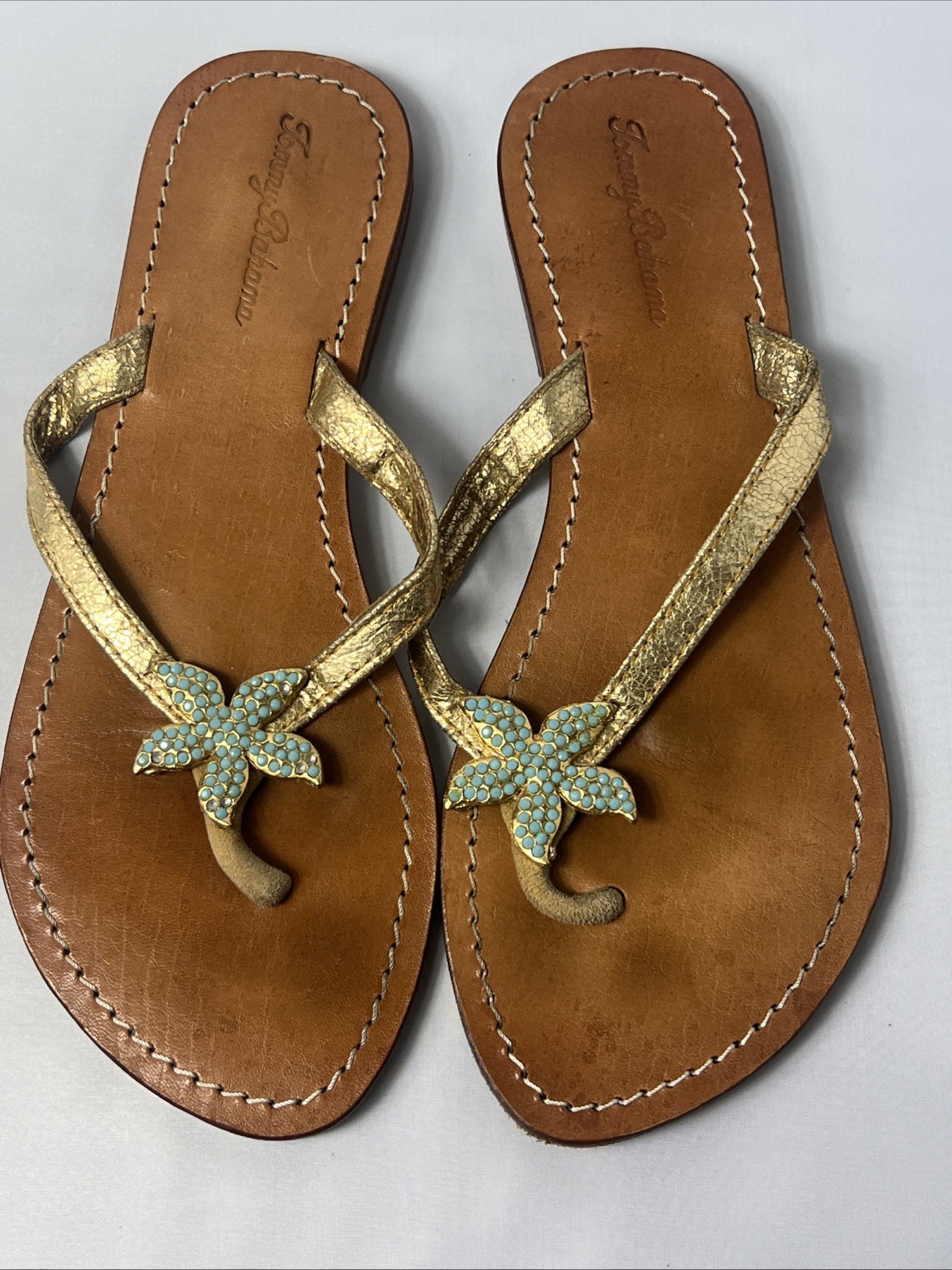 Tommy Bahama Sandals Beaded Blue & Gold Starfish Nautical Flip Flops Sz 9